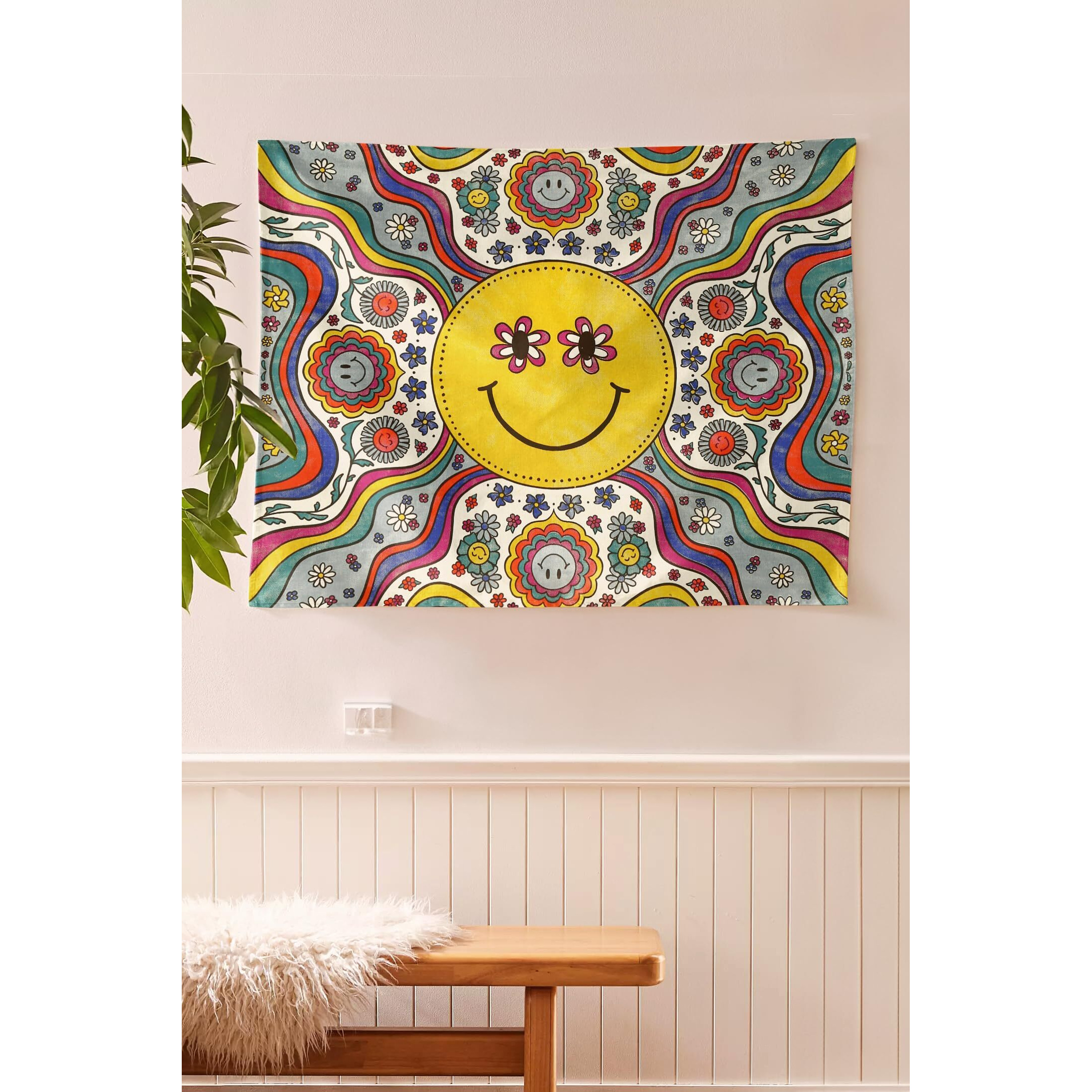 Sheetkart Bohemian Smiley Face Wall Hanging Tapestry - 100% Cotton, 36X42 Inches - Vibrant Home Decor With Yellow Smiles And Flowery Eyes