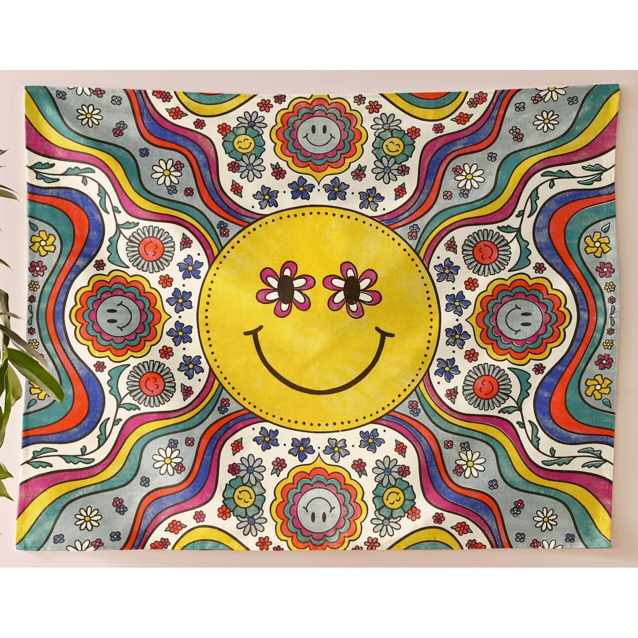 Sheetkart Bohemian Smiley Face Wall Hanging Tapestry - 100% Cotton, 36X42 Inches - Vibrant Home Decor With Yellow Smiles And Flowery Eyes