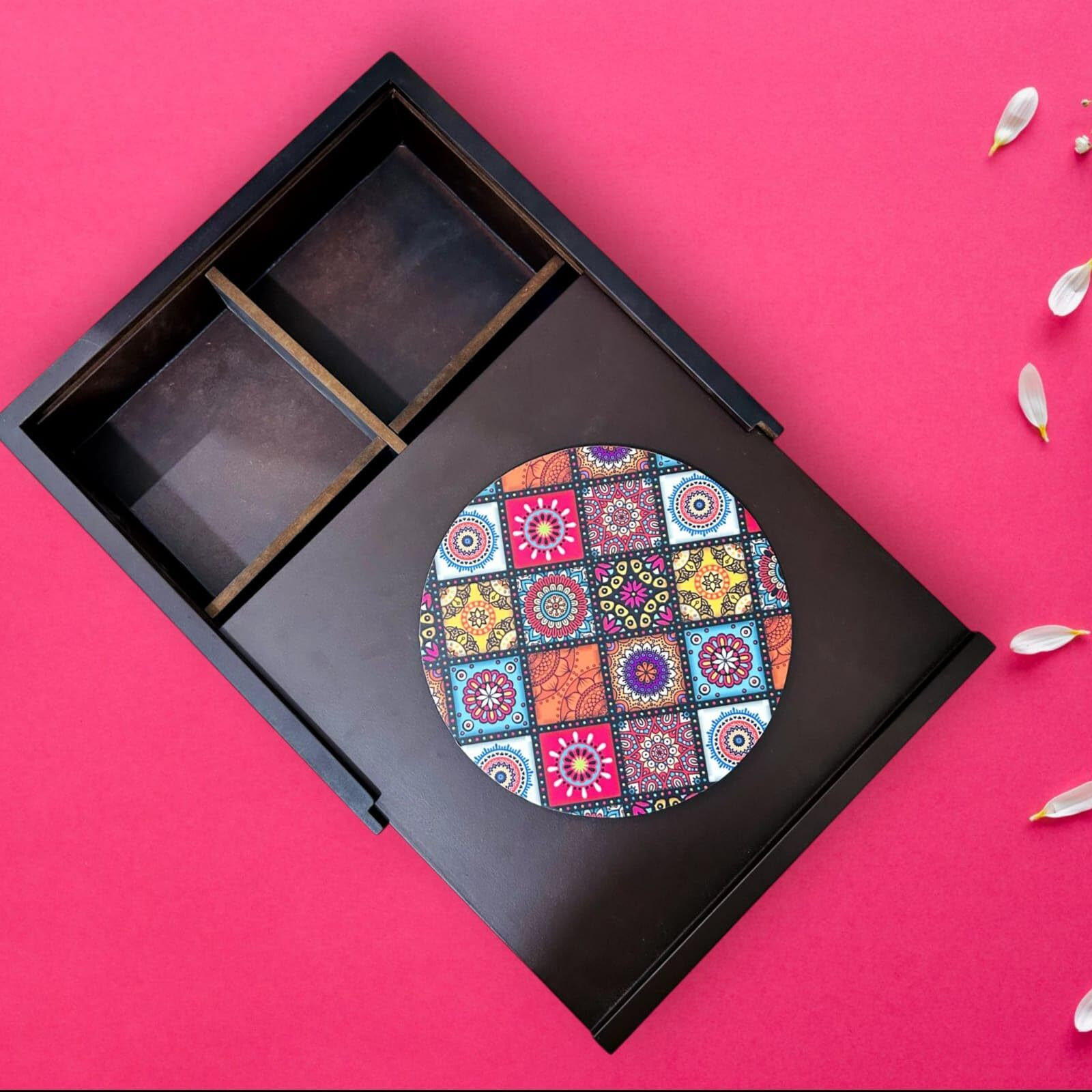 Espoir Bloom Decorative Wooden Storage Box With 4 Compartments, Mandala Pattern, 25.5 X 25.5 X 5 Cm, Black Frame Eb-Drybox001