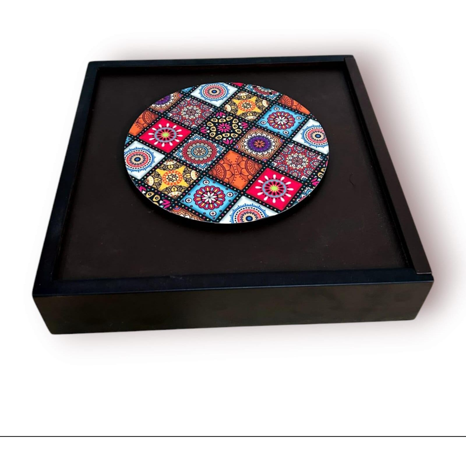 Espoir Bloom Decorative Wooden Storage Box With 4 Compartments, Mandala Pattern, 25.5 X 25.5 X 5 Cm, Black Frame Eb-Drybox001