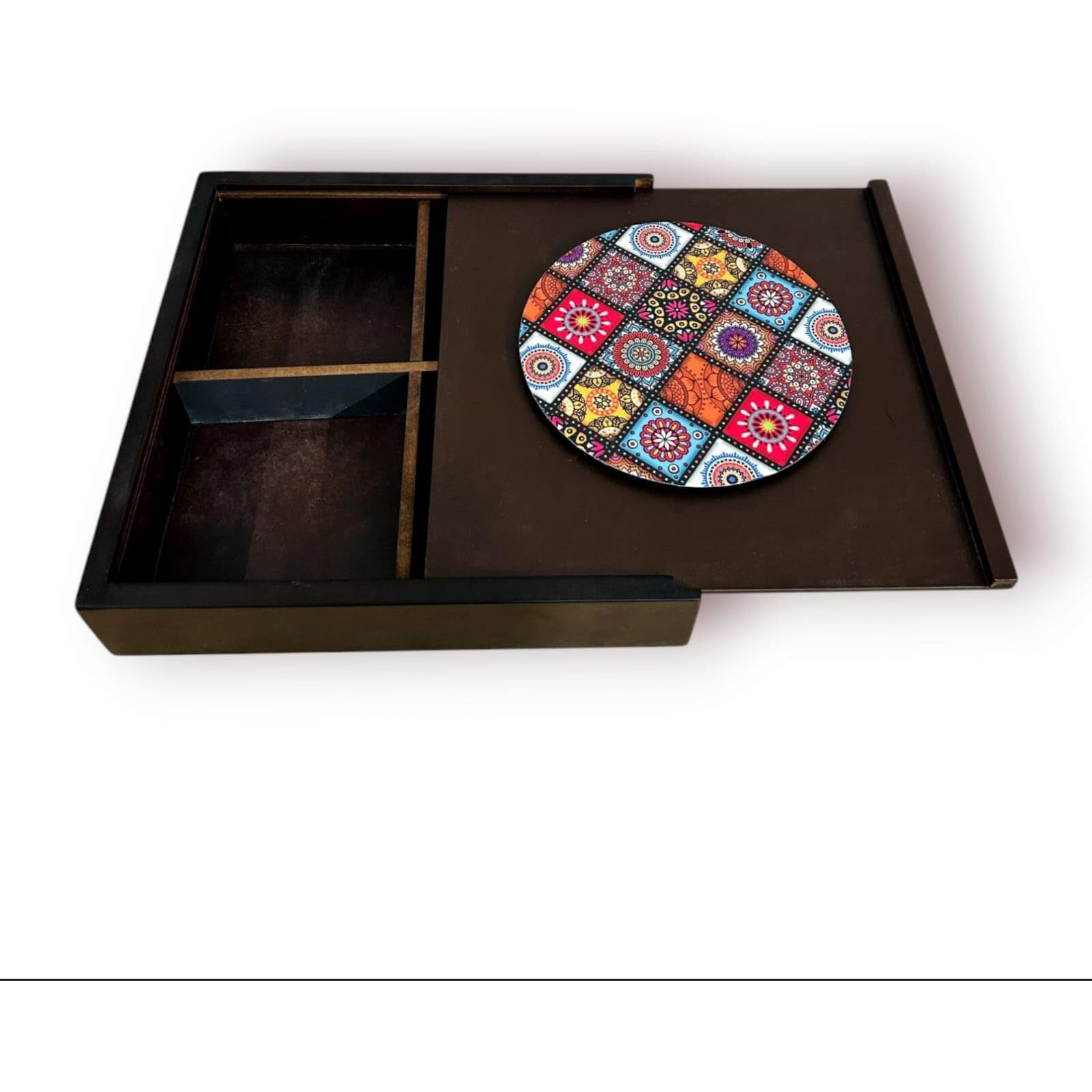 Espoir Bloom Decorative Wooden Storage Box With 4 Compartments, Mandala Pattern, 25.5 X 25.5 X 5 Cm, Black Frame Eb-Drybox001
