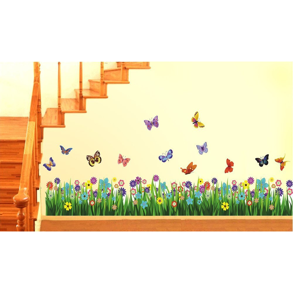 Creativeedge Pvc Vinyl Garden Grass Wall Sticker With Flying Butterfly Design - Multicolor - 70 Cm X 25 Cm