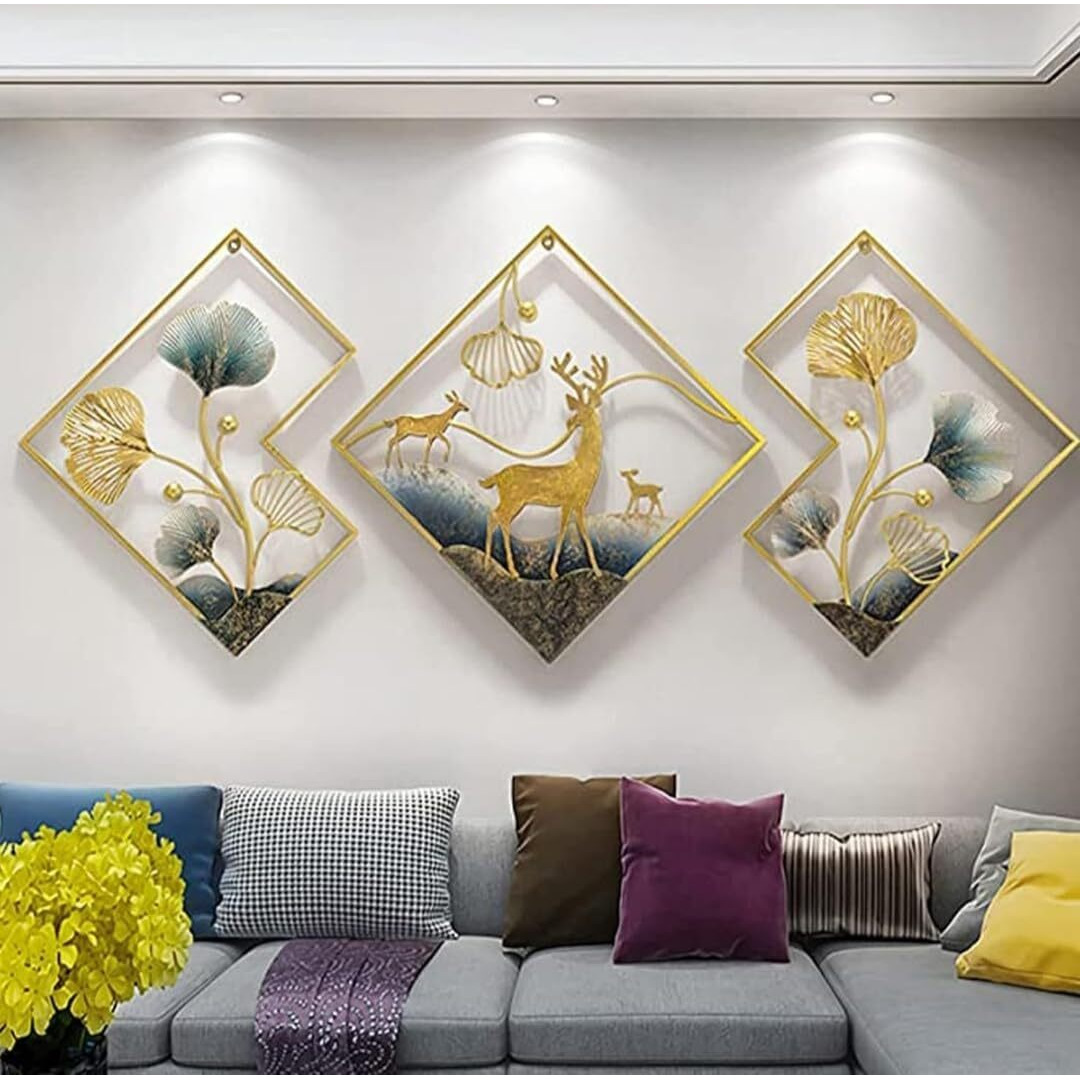 New Metal Abstract Figures Handcrafted Wall Sculpture Wall Art Multicolor For Home Decoration, Living Room, Drwaing Room & Bedroom (Pack Of 3) (Deer)