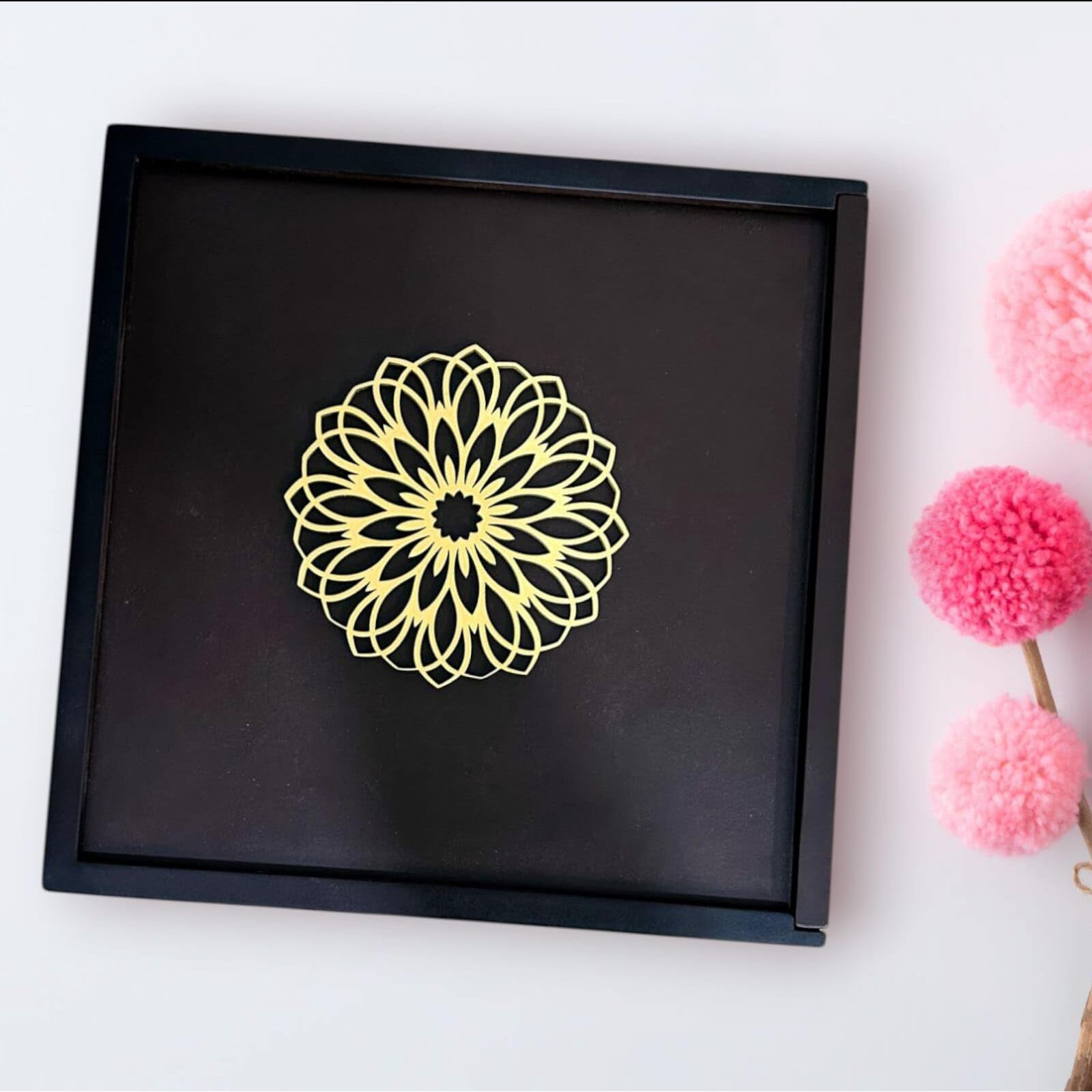 Espoir Bloom Decorative Wooden Storage Box With 4 Compartments, Mandala Pattern, 25.5 X 25.5 X 5 Cm,Storage,Decoration And Serving Eb-Drybox002