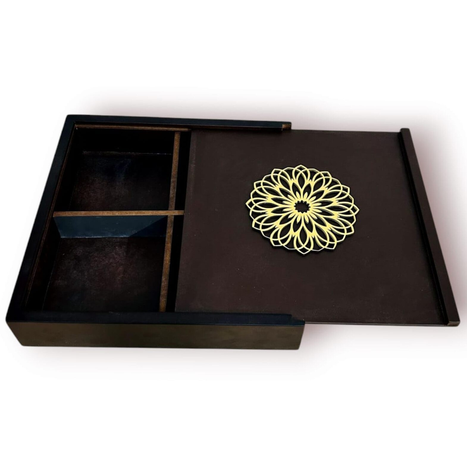 Espoir Bloom Decorative Wooden Storage Box With 4 Compartments, Mandala Pattern, 25.5 X 25.5 X 5 Cm,Storage,Decoration And Serving Eb-Drybox002