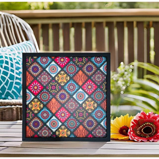 Espoir Bloom Decorative Wooden Storage Box With 4 Compartments, Mandala Pattern, 25.5 X 25.5 X 5 Cm, Black Frame