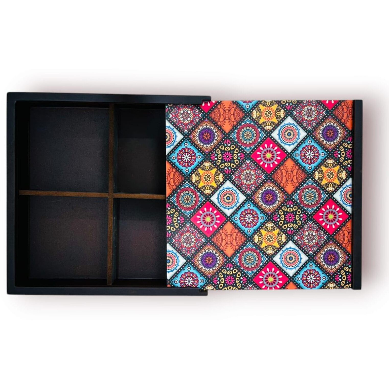 Espoir Bloom Decorative Wooden Storage Box With 4 Compartments, Mandala Pattern, 25.5 X 25.5 X 5 Cm, Black Frame