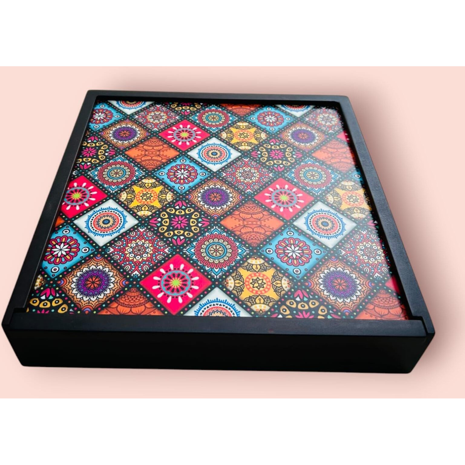 Espoir Bloom Decorative Wooden Storage Box With 4 Compartments, Mandala Pattern, 25.5 X 25.5 X 5 Cm, Black Frame