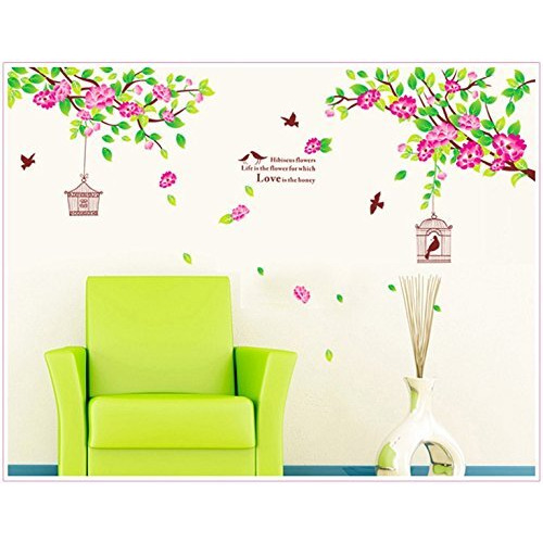 Indian Royals Large Pink Hibiscus Flower Bird Cage Wall Sticker For Living Room - Floral Nature Decor (90 Cm X 60 Cm)