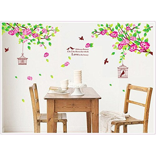 Indian Royals Large Pink Hibiscus Flower Bird Cage Wall Sticker For Living Room - Floral Nature Decor (90 Cm X 60 Cm)