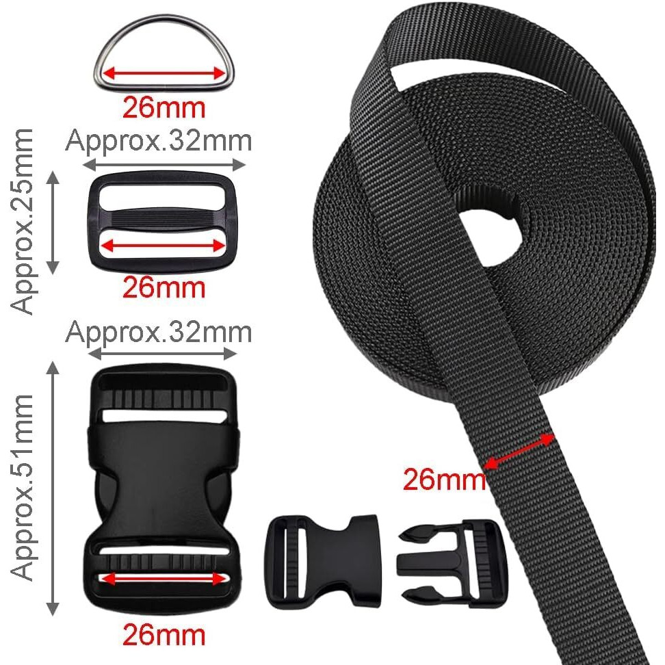 Shopee 1 Inch Buckles Straps Set 5 Meter Black Nylon Webbing Strap 6 Pcs Quick Side Release Plastic Buckle Dual Adjustable 12Pcs Tri-Glide Slide Clip 12 Pcs Metal D Rings Combo