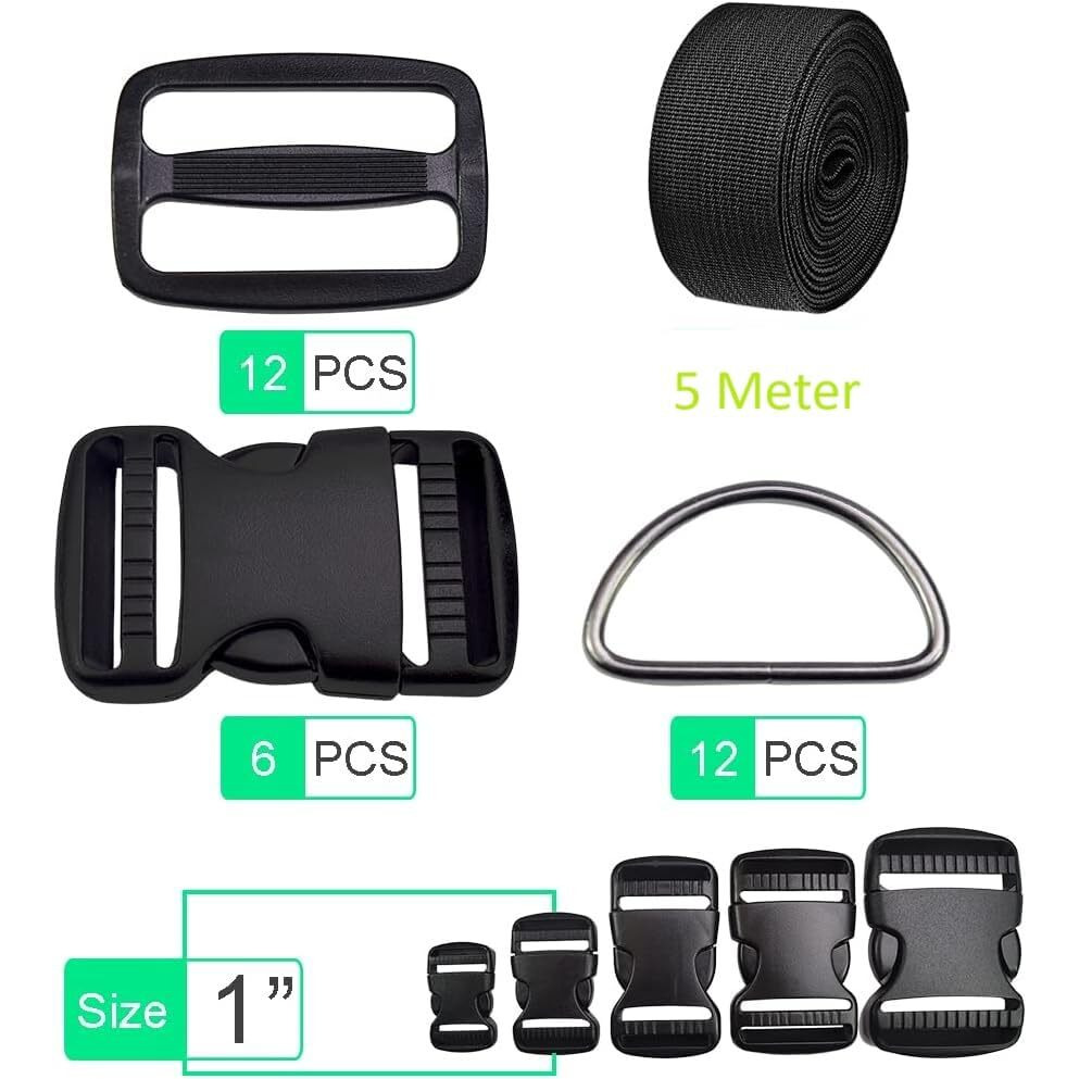 Shopee 1 Inch Buckles Straps Set 5 Meter Black Nylon Webbing Strap 6 Pcs Quick Side Release Plastic Buckle Dual Adjustable 12Pcs Tri-Glide Slide Clip 12 Pcs Metal D Rings Combo