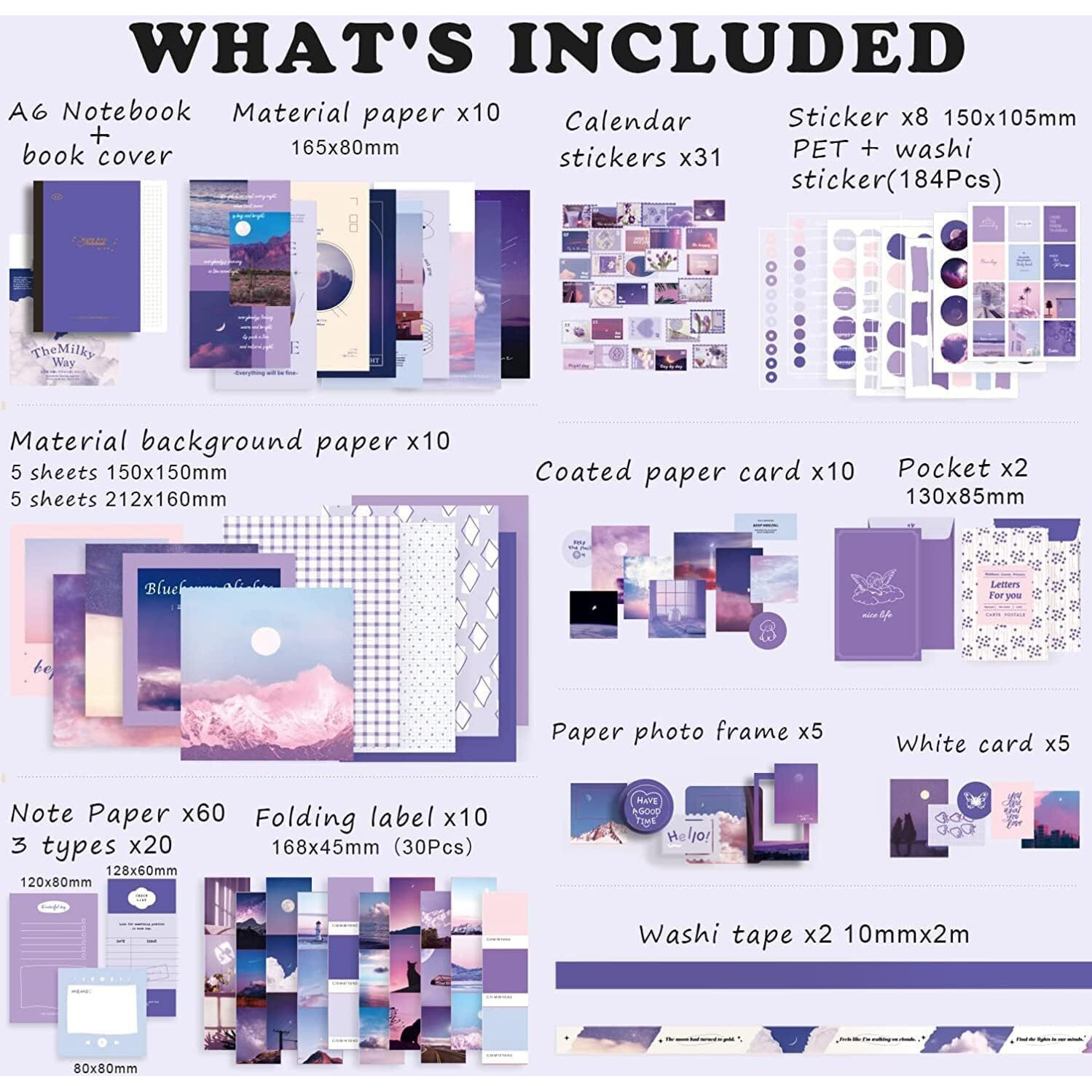 348 Pcs Scrapbooking Supplies Kit, Vintage Aesthetic Scrapbook Kit For Bullet Junk Journal, Stationery, A6 Grid Notebook, Diy Journaling Supplies, Birthday Craft Gift For Teen Girl Kid Women (Purple)