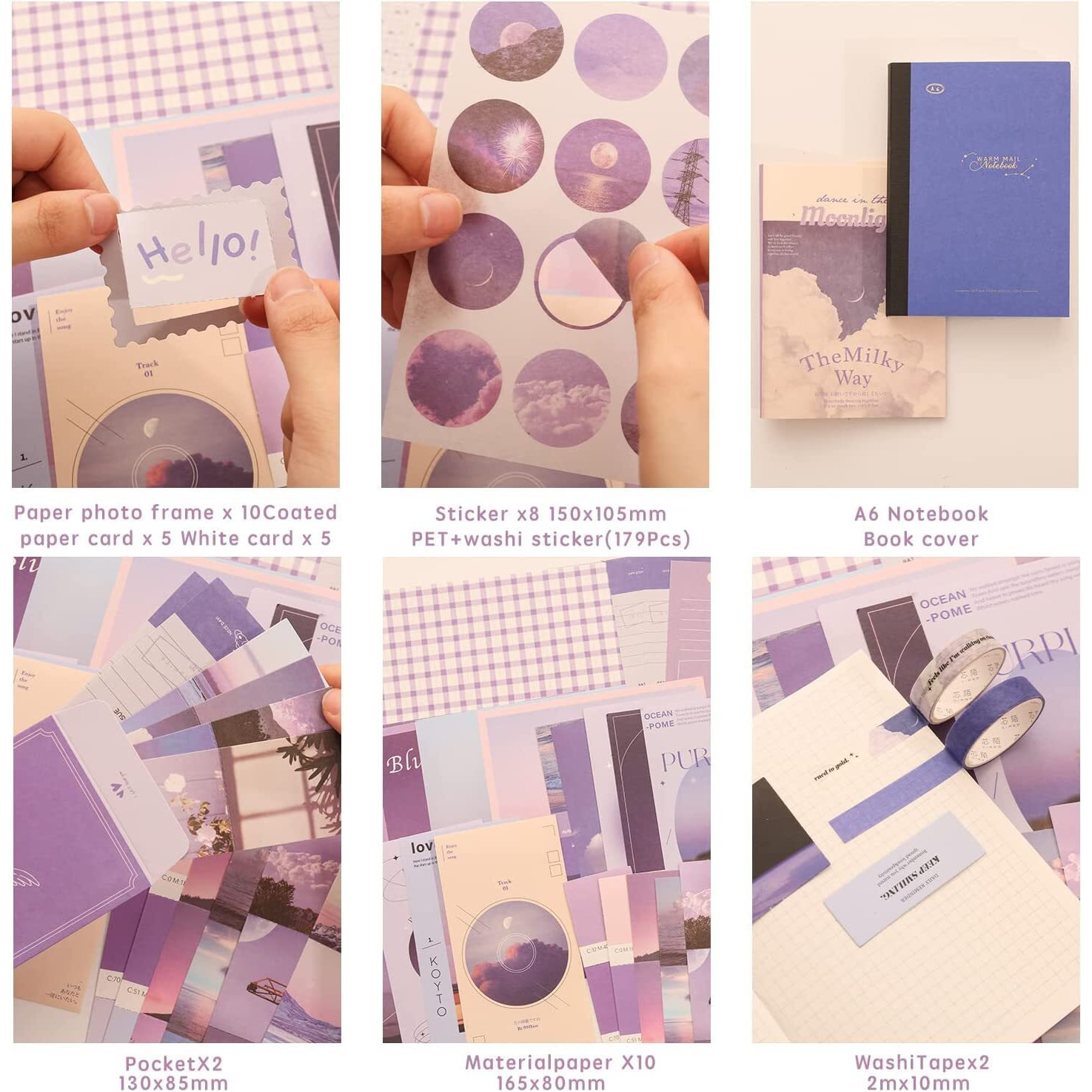 Retailio 348 Pcs Scrapbooking Kit, Vintage Aesthetic For Bullet Junk Journal, Stationery, A6 Grid Notebook, Diy Journaling Supplies, Birthday Craft Gift For Teen Girl Kid Women Purple 1