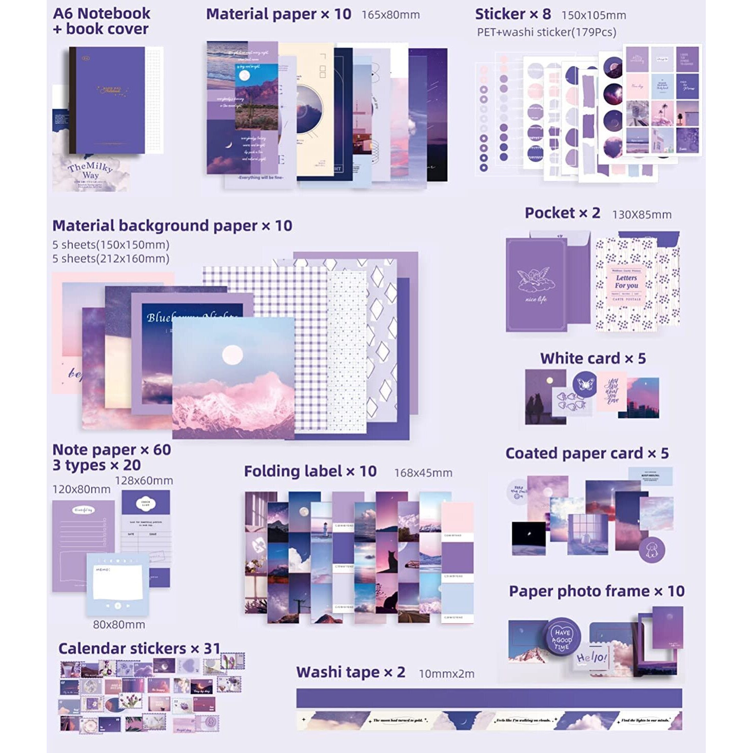 Retailio 348 Pcs Scrapbooking Kit, Vintage Aesthetic For Bullet Junk Journal, Stationery, A6 Grid Notebook, Diy Journaling Supplies, Birthday Craft Gift For Teen Girl Kid Women Purple 1