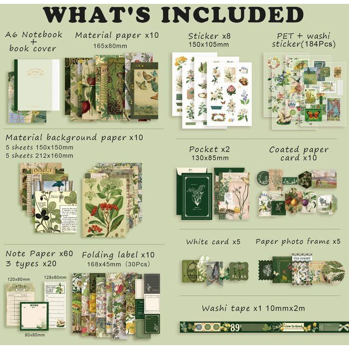 Draupnir Scrapbooking Supplies Kit,Vintage Botanical Aesthetic Scrapbook Kit For Junk Journal, Stationery,Bullet A6 Grid Notebook Diy Scrapbook Birthday Craft Gift For Teen Girl Kid Women