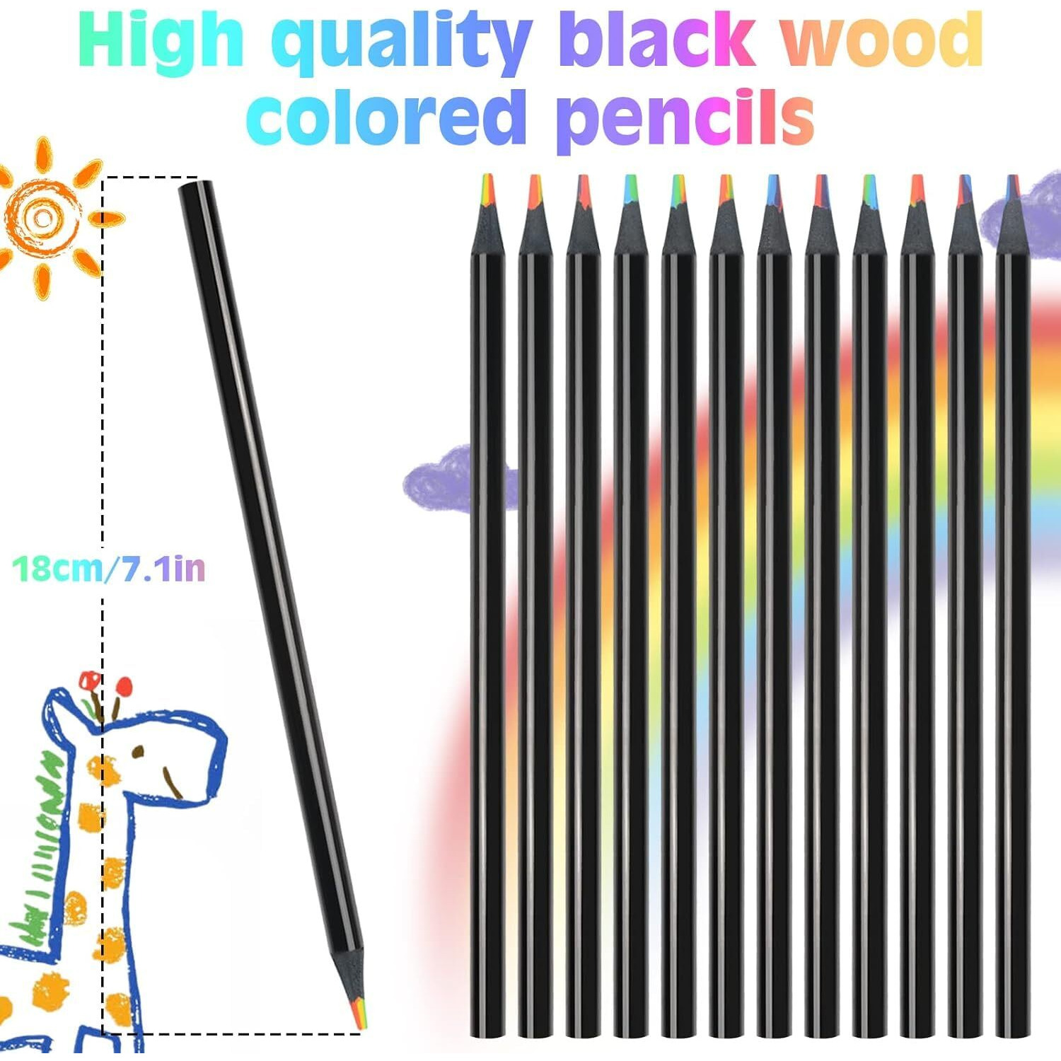 Hudux 12Pcs Colors Rainbow Pencils,Black Wooden Rainbow Color Pencils, Multicolored Pencils Art Supplies For Adults Drawing Coloring Sketching, Party Favor Bags, Pre-Sharpened
