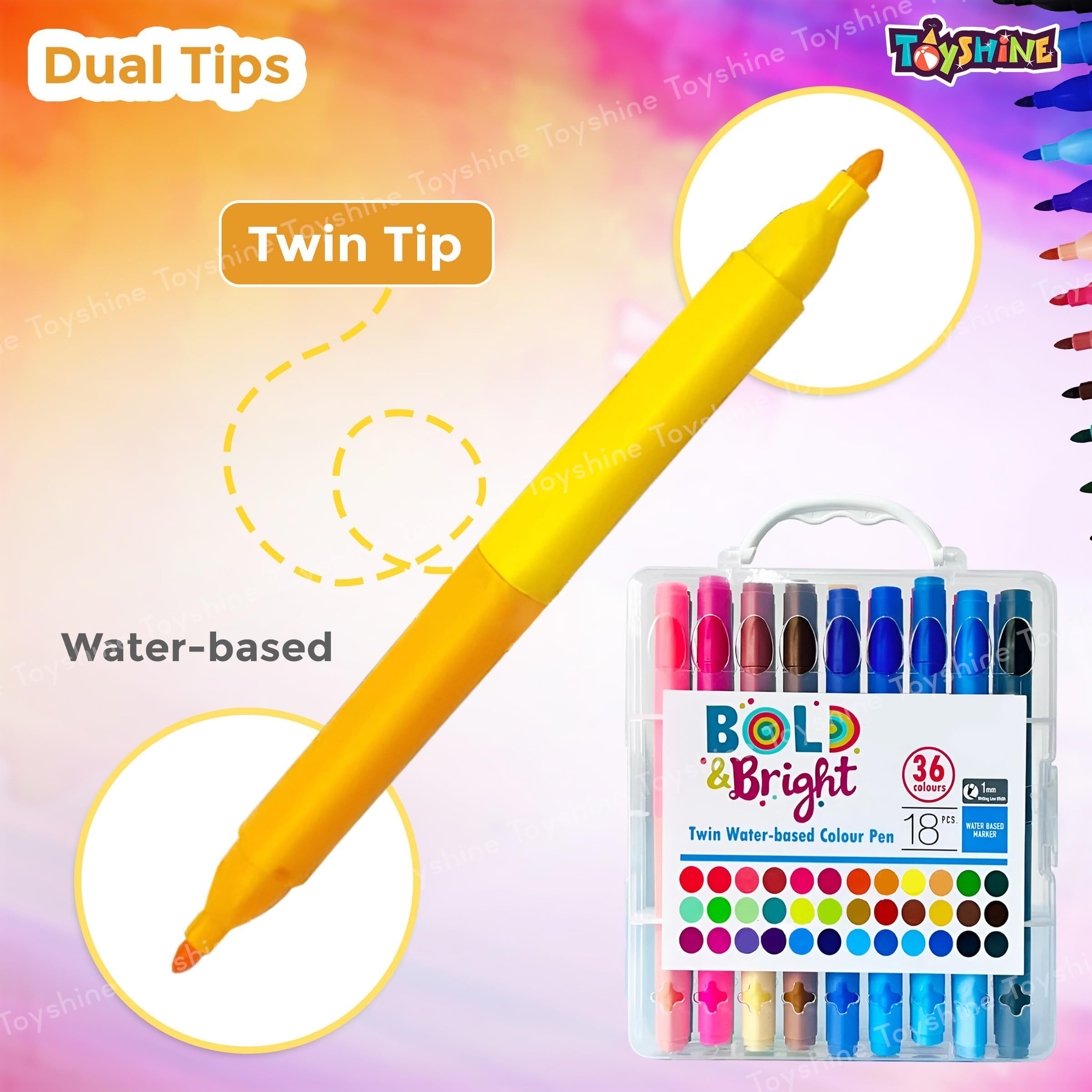 Toyshine Water Based Double Sided Markers With Case Twin Tip Coloring Sketch Pens Art Markers 18 Pcs Includes 36 Colors Set For Kids, Artists Sketching Drawing Materials Craft Supplies Return Gift