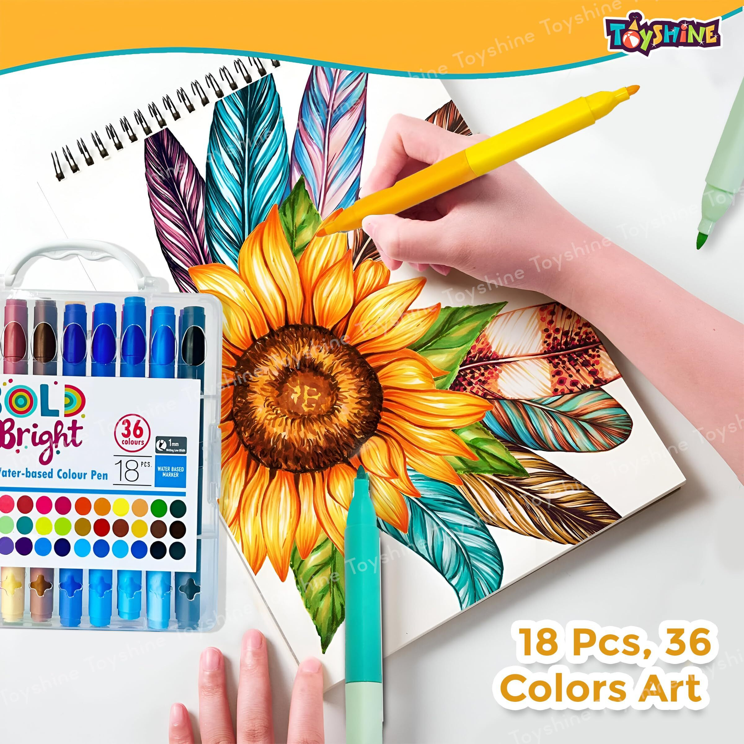 Toyshine Water Based Double Sided Markers With Case Twin Tip Coloring Sketch Pens Art Markers 18 Pcs Includes 36 Colors Set For Kids, Artists Sketching Drawing Materials Craft Supplies Return Gift