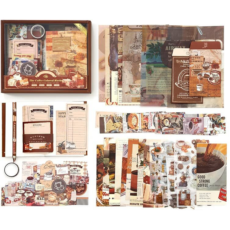 Retailio 348 Pcs Scrapbook Kit Vintage Aesthetic Scrapbook Kit For Bullet Junk Journal Stationery A6 Grid Notebook, Diy Journaling Supplies, Birthday Craft Gift (Coffee)
