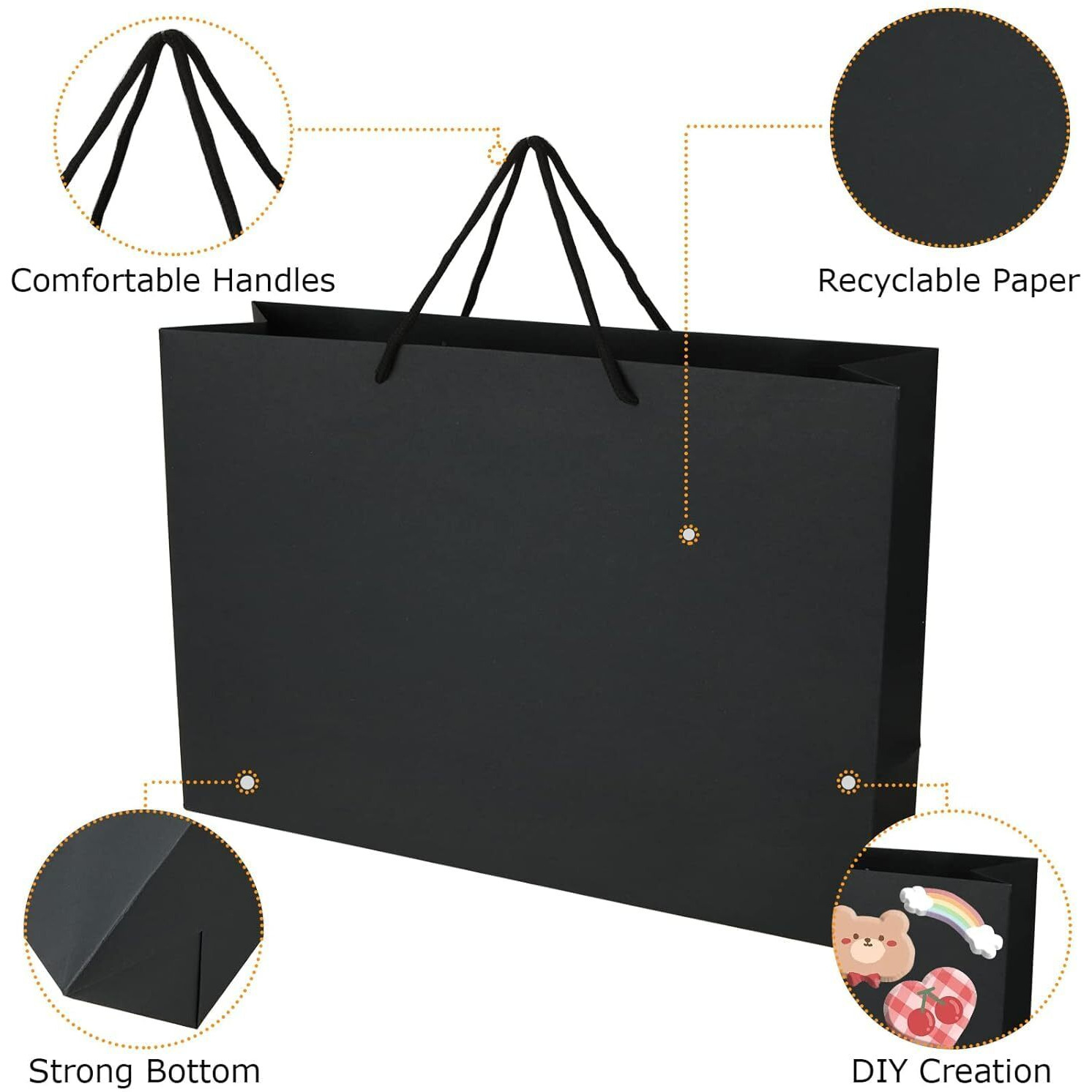 Amit Marketing Black Paper Carry Bag - 250 Gsm Kraft Matt Lamination Paper Bags With Braided Cotton Handle I For Return Gifts Carrying Packaging Shopping Grocery Parcel Take Out - L15Xw4.25Xh11 Inch (50 Pcs)
