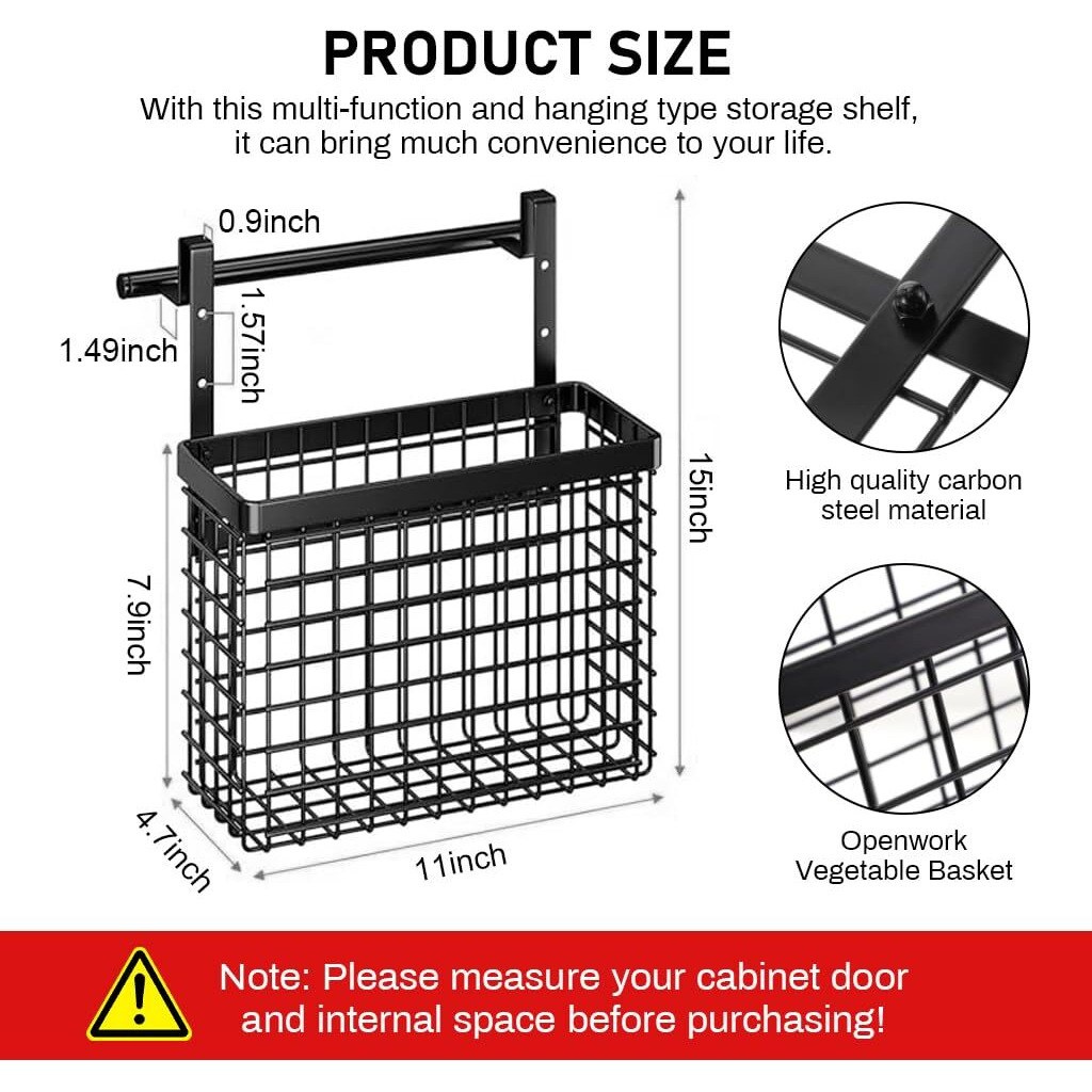 Supvox Under Sink Kitchen Organizer Basket For Cabinet Door Hanging Kitchen Organizer Basket With Towel Bar Carbon Steel Hanging Basket Door Back Organizer Basket Shower Caddy