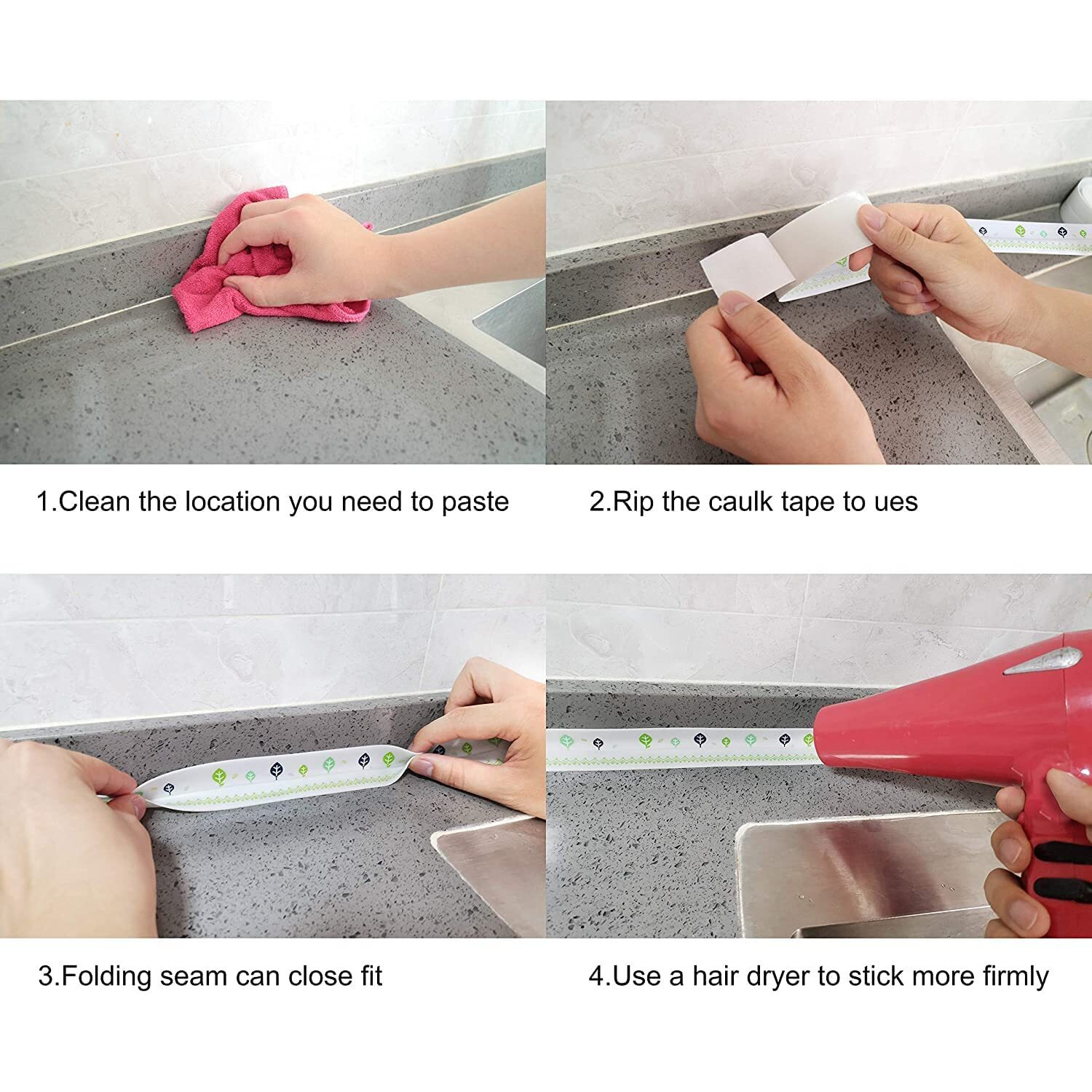 Hubture Waterproof Tape For Kitchen Sink Oil Proof Caulk Tape Kitchen Sink Tape Waterproof For Corner Caulk Strip Self Adhesive Sealing Tape Gap Sealer For Platform Bathroom 3.2M*3.8Cm (Multi Print)