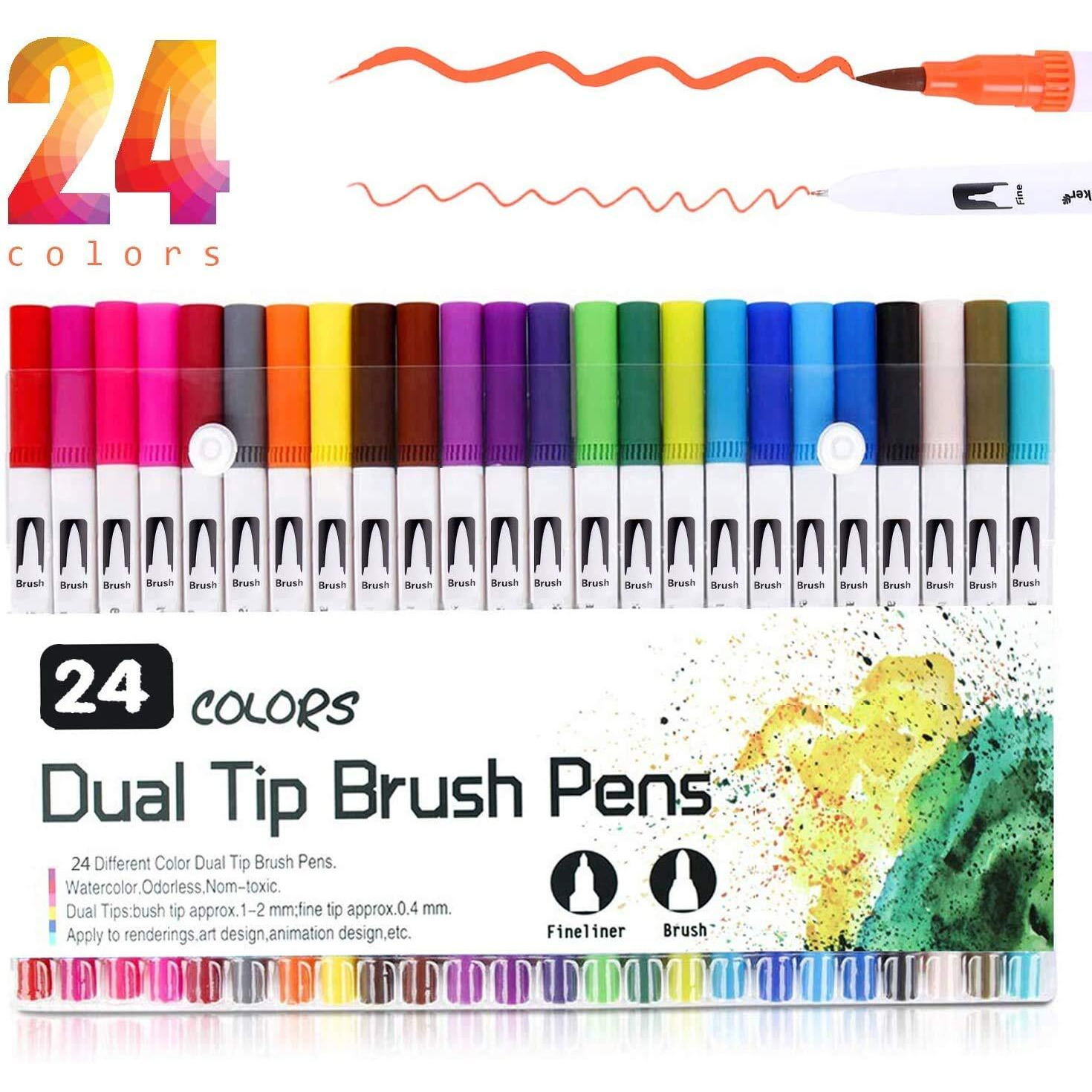 Gold Leaf Dual Tip Brush Pens  24 Colors Fineliner & Brush Marker Set For Drawing, Sketching, Calligraphy & Comic Art  Water-Based Ink, 0.4Mm Fine Tip & 16Mm Brush Tip