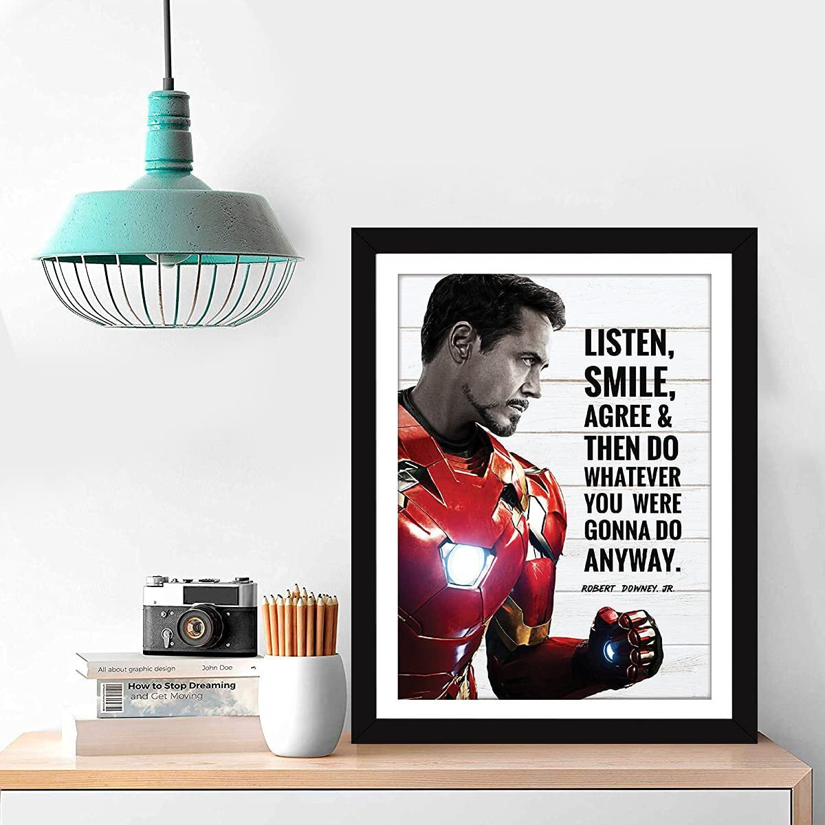 Chaka Chaundh Robert Downey Jr Framed Iron Man With Tony Stark Quotes Poster (White, 13.6 X 10.6 Inches)