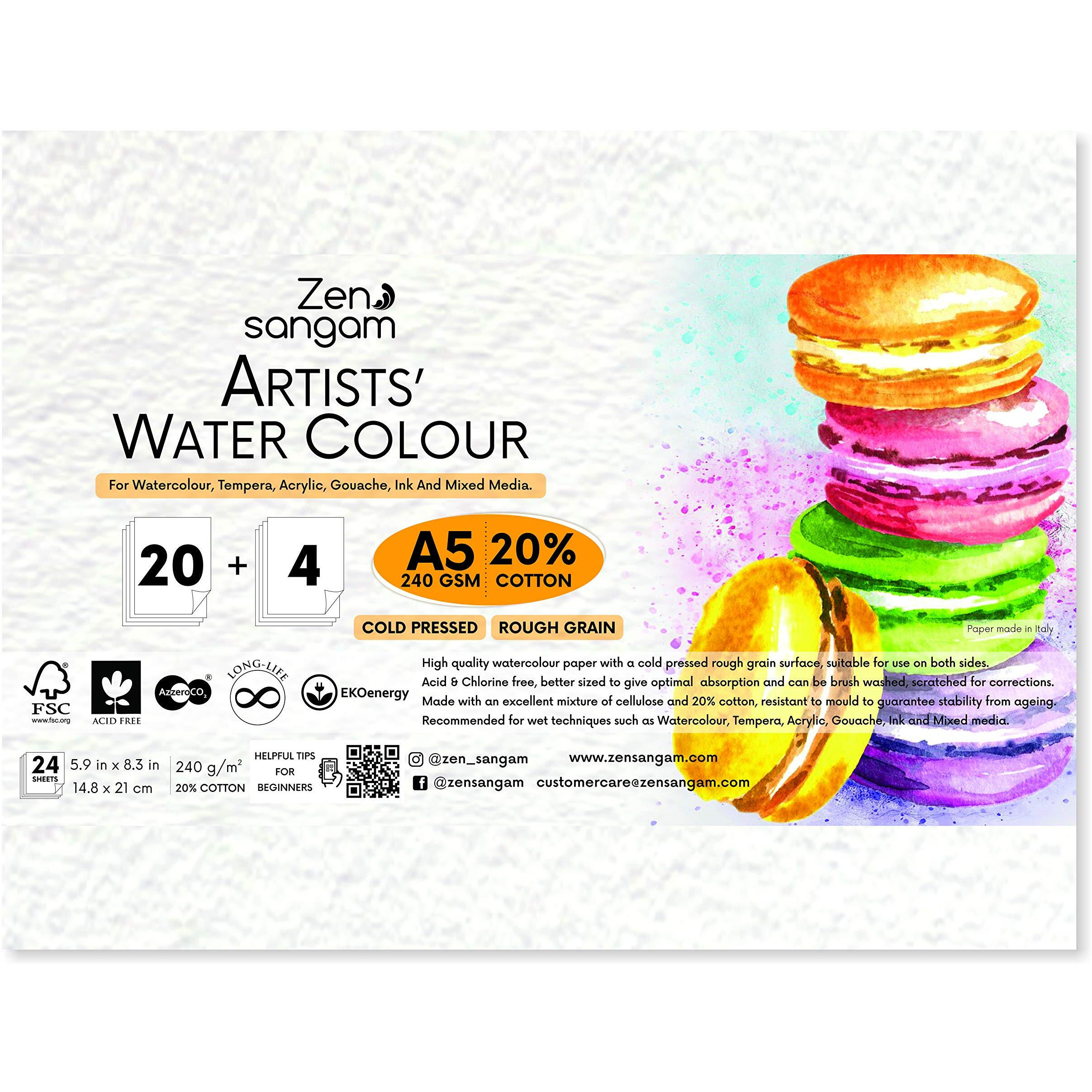 Zen Sangam Artists - A5 Watercolor Papers - 245 Gsm - 20% Cotton Cold Pressed - (24 Sheets) - Rough Grain Surface - Size (21X14.8Cm) - For Wet On Wet Watercolour, Gouache, Acrylics, Ink And Mixed Media