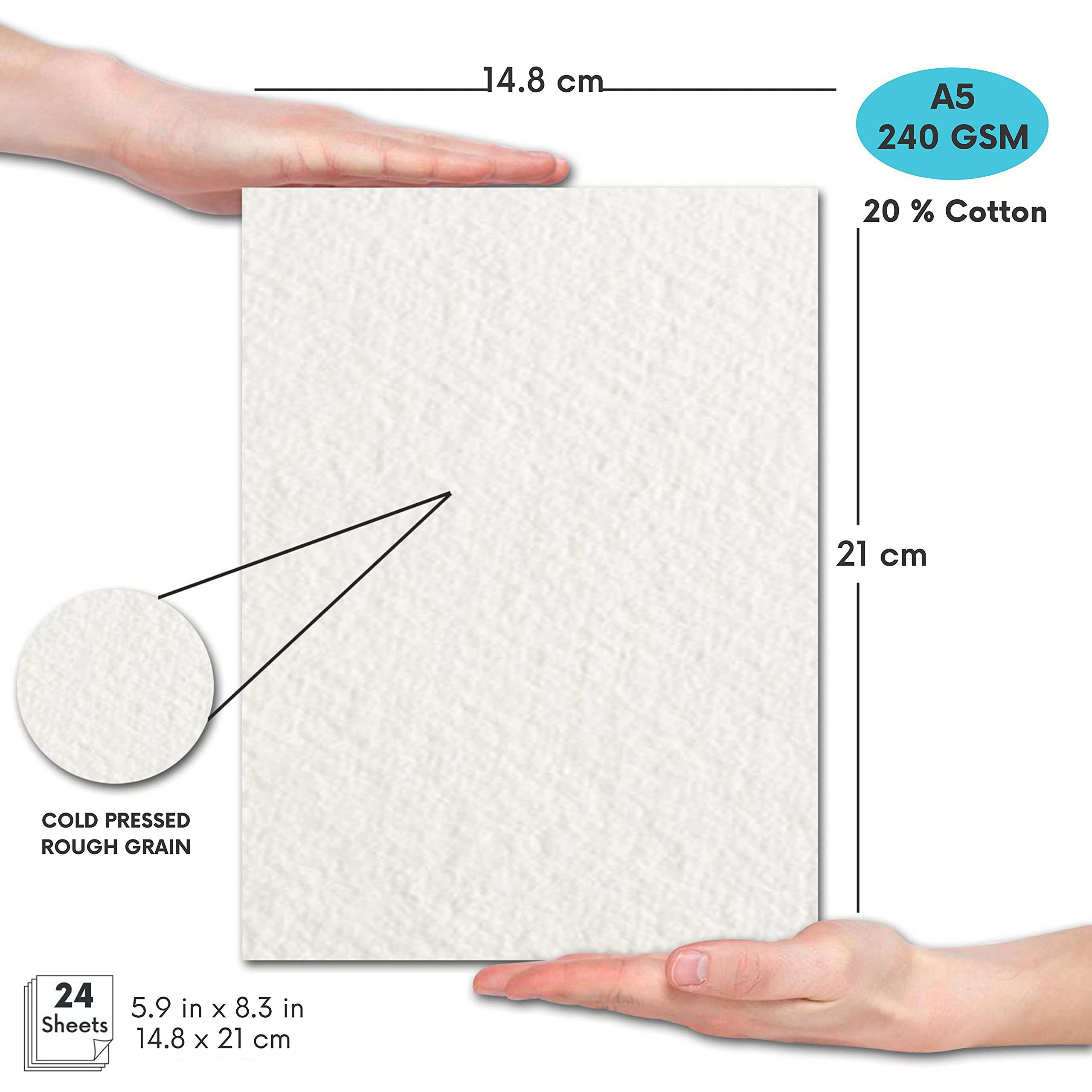 Zen Sangam Artists - A5 Watercolor Papers - 245 Gsm - 20% Cotton Cold Pressed - (24 Sheets) - Rough Grain Surface - Size (21X14.8Cm) - For Wet On Wet Watercolour, Gouache, Acrylics, Ink And Mixed Media