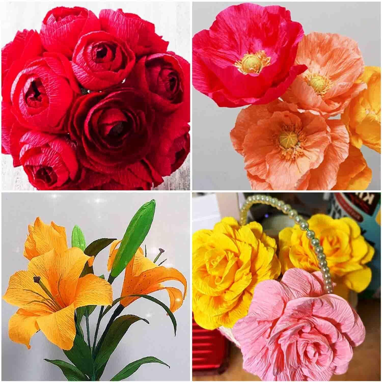 Pandeji Crepe Paper Flowers Making Kit/Diy Paper Carfts Kit Includes 6Pc Crepe Roll, 2Pc Floral Tape, 25Pc 15Inch Long Floral Wire & 1 Wire Cutter (Yellow, Dark Green, Light Green, Red, Light Pink & Dark Pink)