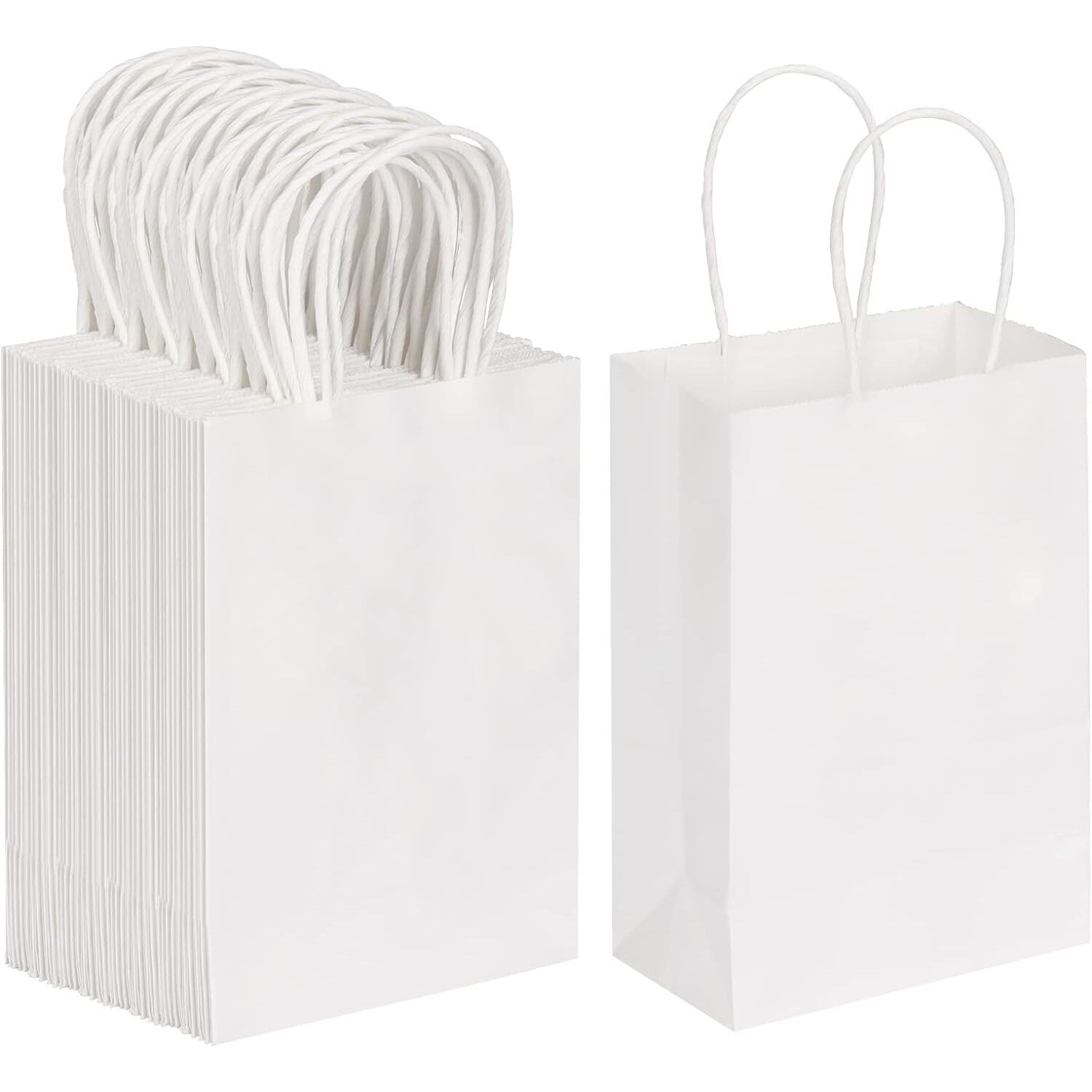 Aakriti Kraft Paper Gift Bags With Handles - White Small Bulk For Retail, Shopping, Birthday, Wedding Party Favors, Merchandise (8X3.5X9.5 Inch, Pack Of 10)