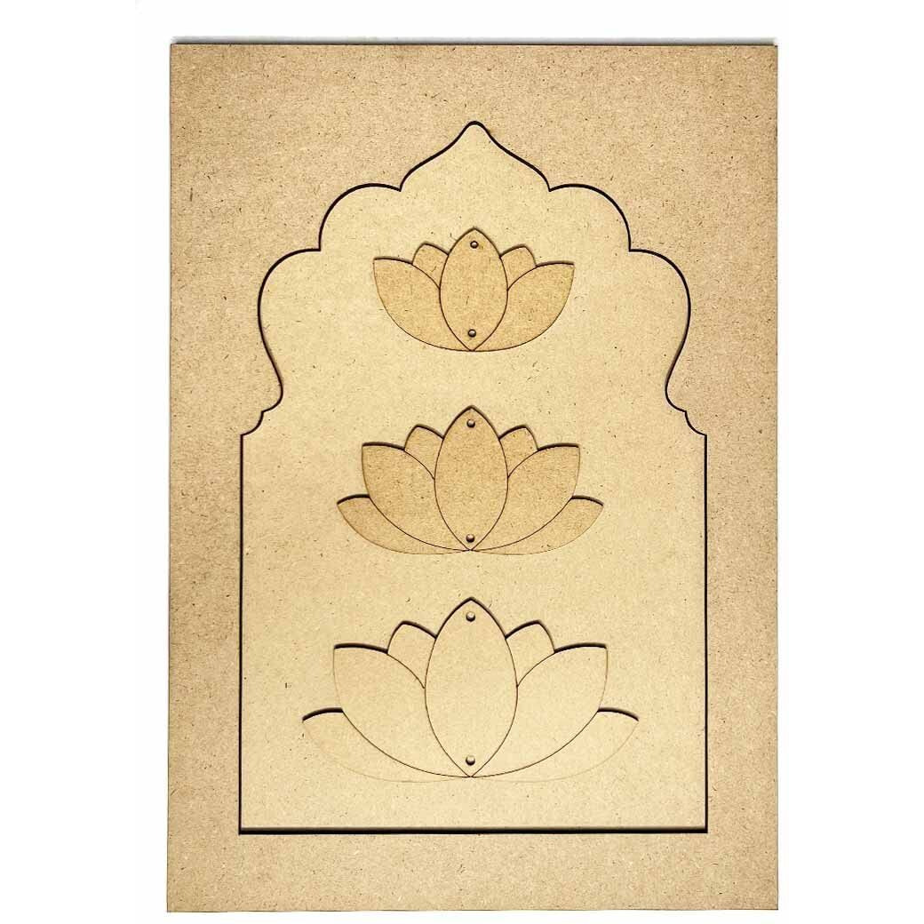Adikala Mdf Jharokha With 3 Different Size Lotus Cutout Engraved Design & Square Shaped Base For Diy Craft
