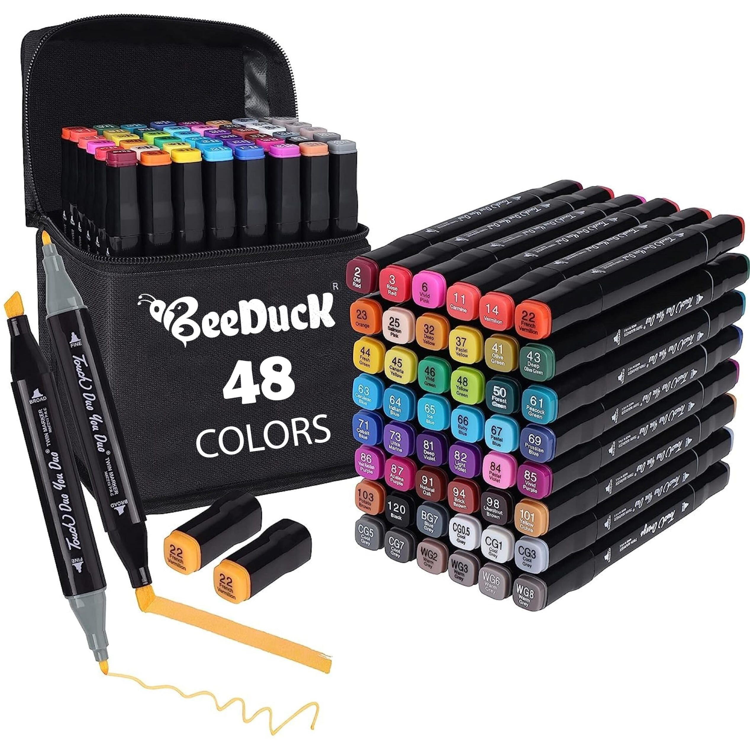 Beeduck Sketch Pens Set Of 48 Colors With Carrying Case, Dual Tip Fine And Broad Chisel Art Markers Sketch Pen, Art Supplies For Coloring, Sketching And Drawing (48)