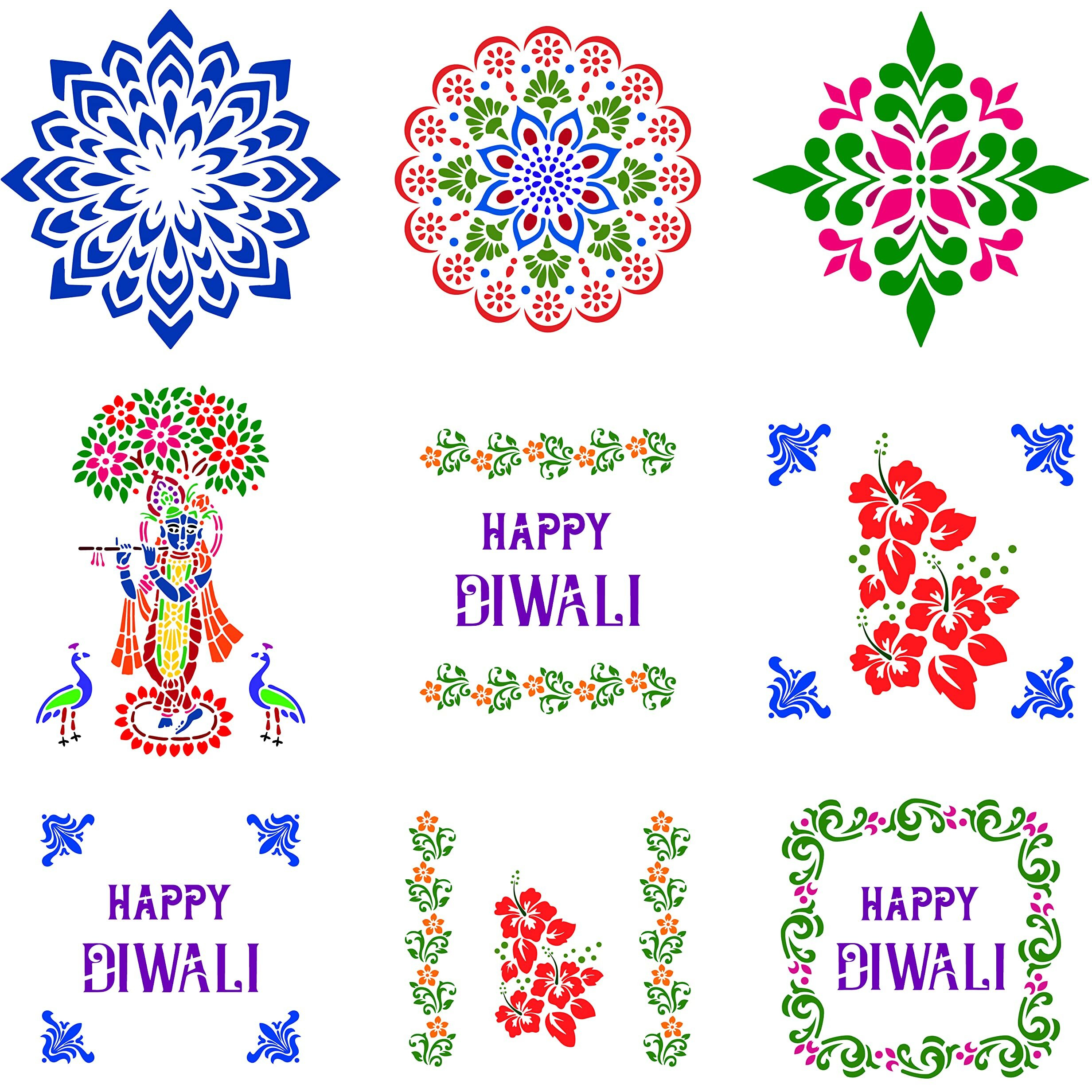 Solobolo Large Size Rangoli Stencils With 6 Rangoli Colours|Mandala Rangoli Stencil | Happy Diwali Stencil | Flower Rangoli Stencils | Corner And Border Rangoli Stencil | Set Of 9