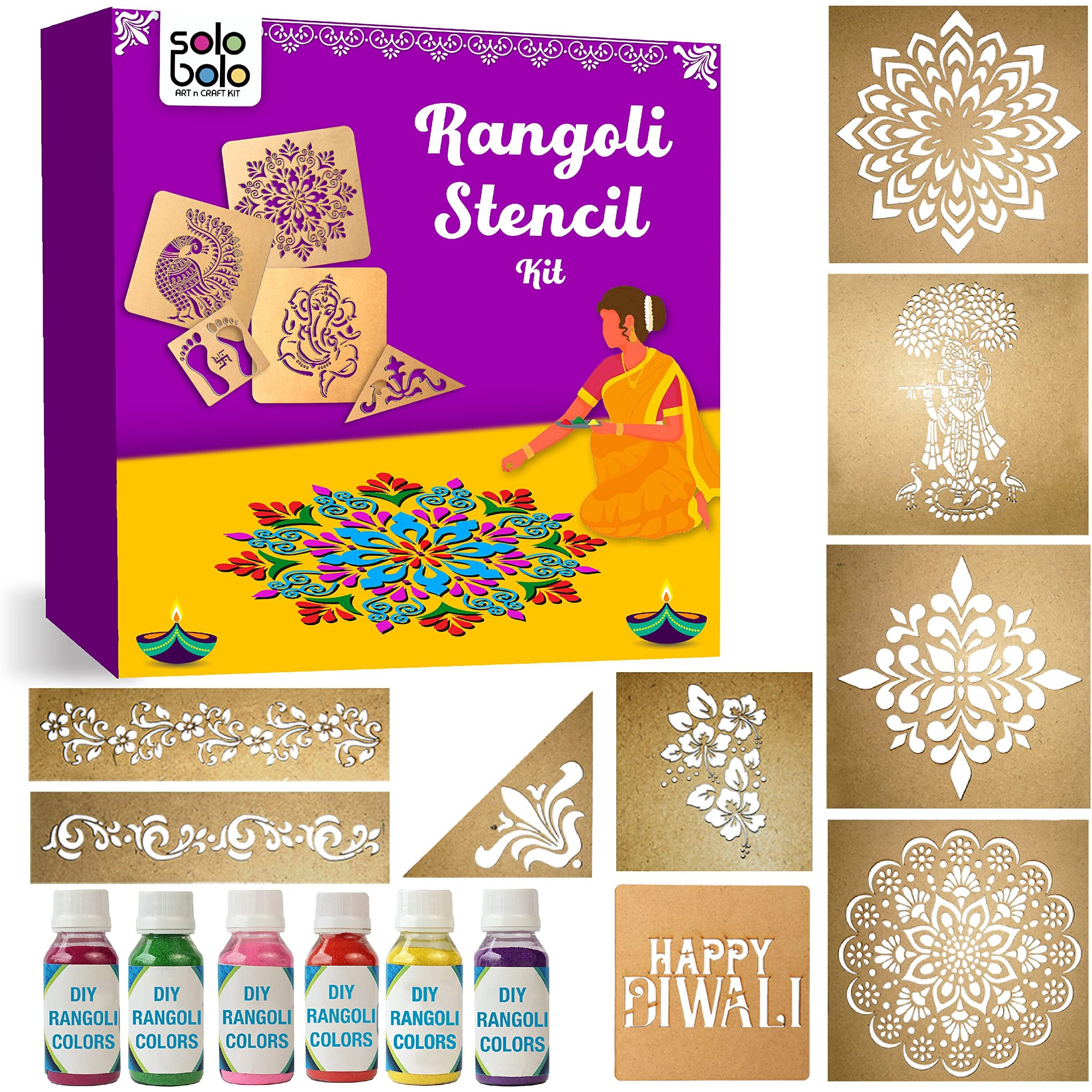 Solobolo Large Size Rangoli Stencils With 6 Rangoli Colours|Mandala Rangoli Stencil | Happy Diwali Stencil | Flower Rangoli Stencils | Corner And Border Rangoli Stencil | Set Of 9