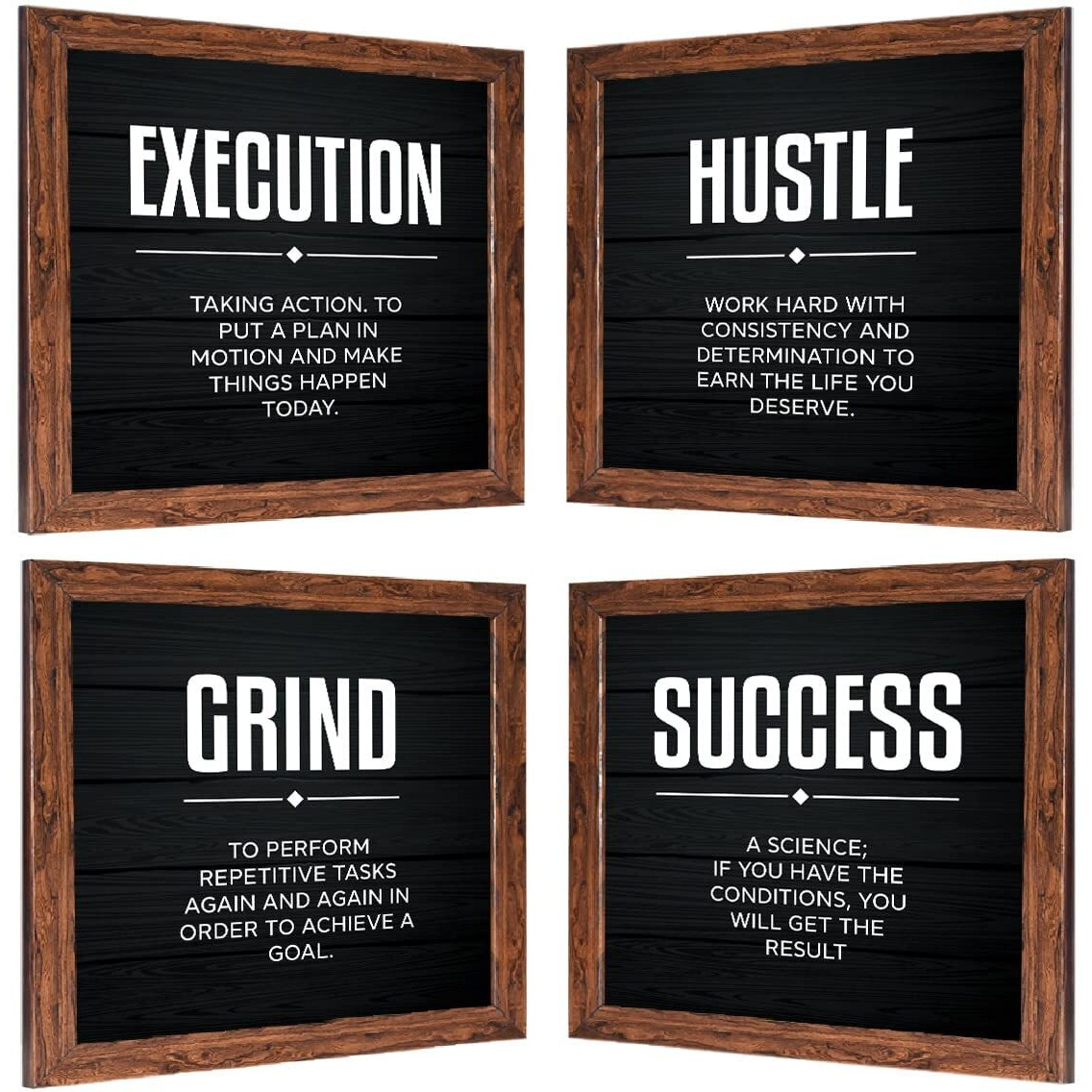 Chaka Chaundh - Motivational Quotes Wall Art Frames - Inspirational Quotes Framed Wall Posters Decor - (11 X 11 Inches) (Execution - Hustle - Grind - Success - Black -(Set Of 4)- 11X11 Inches)