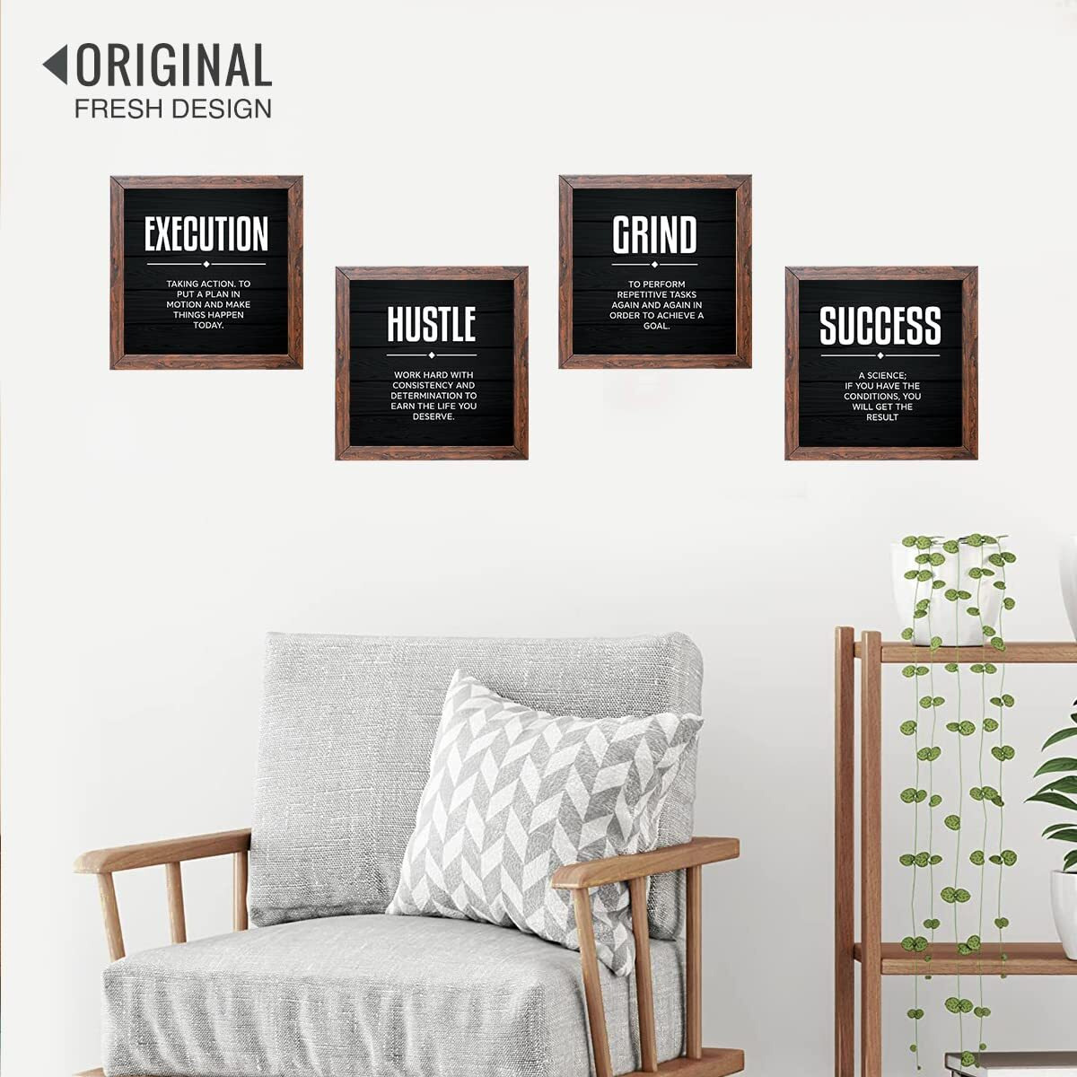 Chaka Chaundh - Motivational Quotes Wall Art Frames - Inspirational Quotes Framed Wall Posters Decor - (11 X 11 Inches) (Execution - Hustle - Grind - Success - Black -(Set Of 4)- 11X11 Inches)