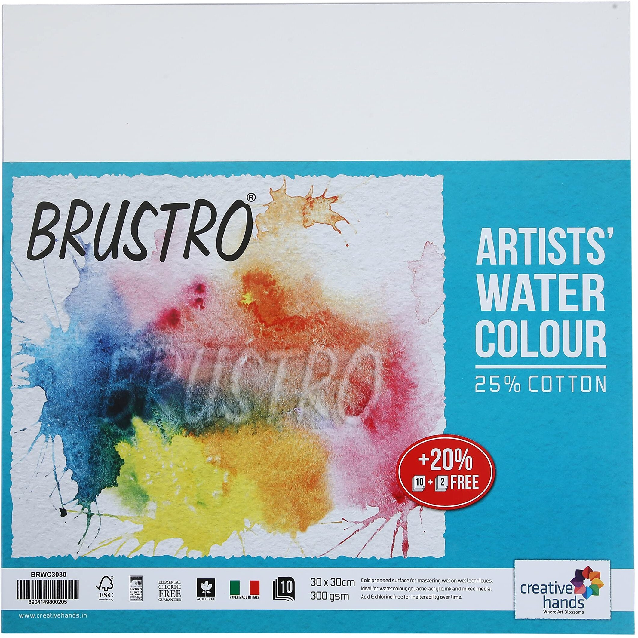 Brustro Watercolour Paper 25% Cotton Cold Pressed 30 X 30 Cm Pack Of 10 + 2 Sheets