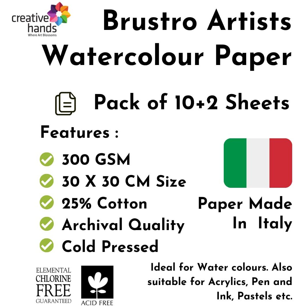 Brustro Watercolour Paper 25% Cotton Cold Pressed 30 X 30 Cm Pack Of 10 + 2 Sheets