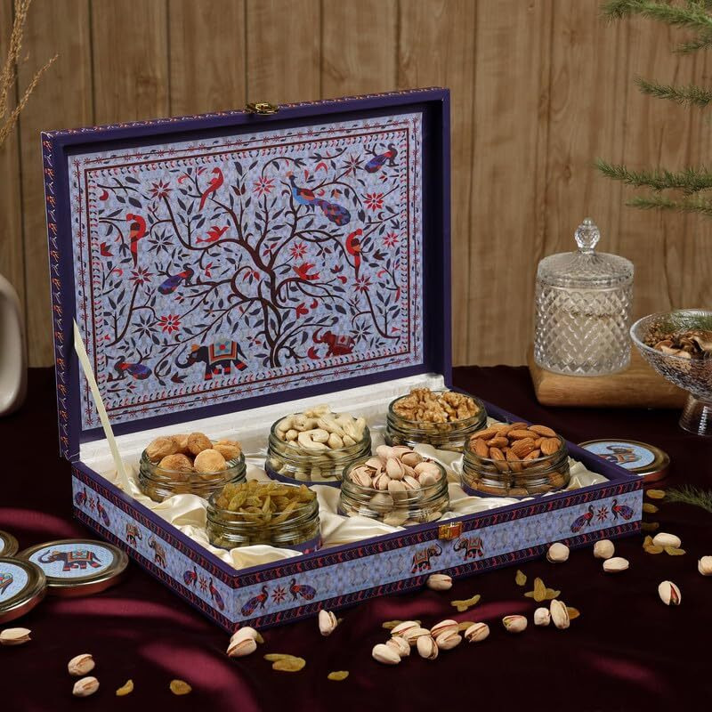 Riwaz Luxury Dry Fruit Gift Box | 6 Glass Jars With Almonds, Cashews, Pistachios, Walnuts, Raisins & Khumani | Premium Multipurpose Gift Hamper For Corporate, Wedding & Festival Gifting