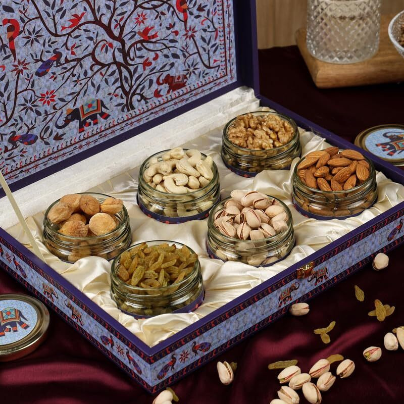 Riwaz Luxury Dry Fruit Gift Box | 6 Glass Jars With Almonds, Cashews, Pistachios, Walnuts, Raisins & Khumani | Premium Multipurpose Gift Hamper For Corporate, Wedding & Festival Gifting