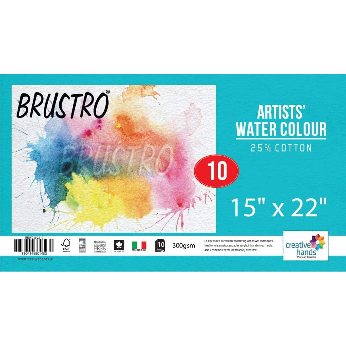 Brustro Artists Watercolour Paper, 25% Cotton, 300 Gsm, Cold Pressed, Size - 15" X 22" (Inches), Pack Of 10 Sheets