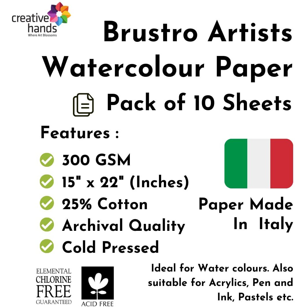 Brustro Artists Watercolour Paper, 25% Cotton, 300 Gsm, Cold Pressed, Size - 15" X 22" (Inches), Pack Of 10 Sheets