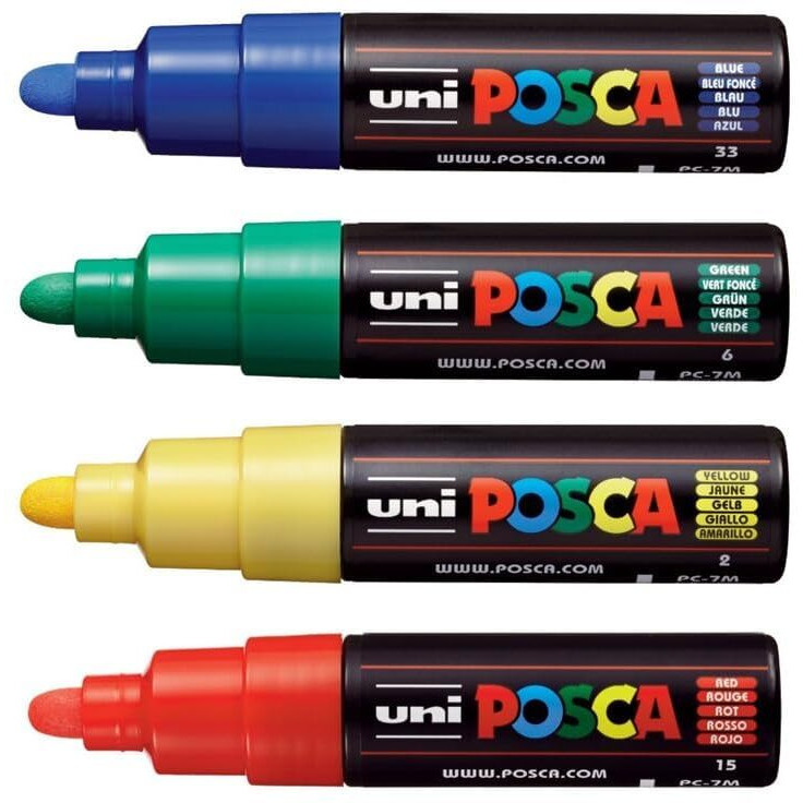 Uni-Ball Posca 7M 4.5-5.5 Mm Broad Bullet Shaped Marker Pen | Red, Blue, Green & Yellow Ink, Pack Of 4