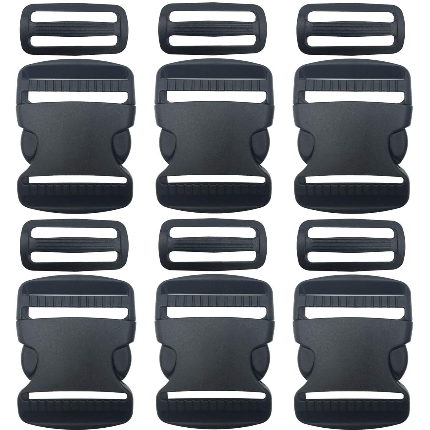 Shopee 6 Set 1 Inch Flat Dual Adjustable Plastic Quick Side Release Plastic Buckles And Tri-Glide Slides For Luggage Straps Pet Collar Backpack Repairing (Black, Fit For 1/25Mm Webbing Straps)
