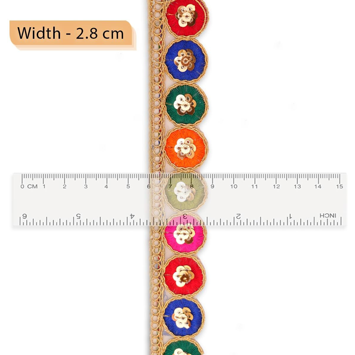 Embroiderymaterial Colorful Lace With Golden Zari, Sequins, And Circular Motifs On Net Fabric For Saree, Sewing, Embroidery, Edging, Border, Blouse, Lehenga, Kurti Etc (8 Meters, 2.8 Cm Wide)
