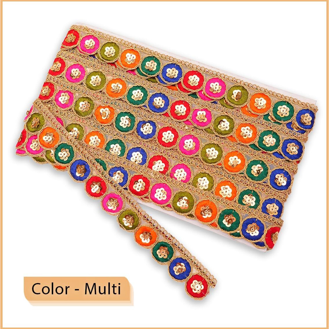 Embroiderymaterial Colorful Lace With Golden Zari, Sequins, And Circular Motifs On Net Fabric For Saree, Sewing, Embroidery, Edging, Border, Blouse, Lehenga, Kurti Etc (8 Meters, 2.8 Cm Wide)
