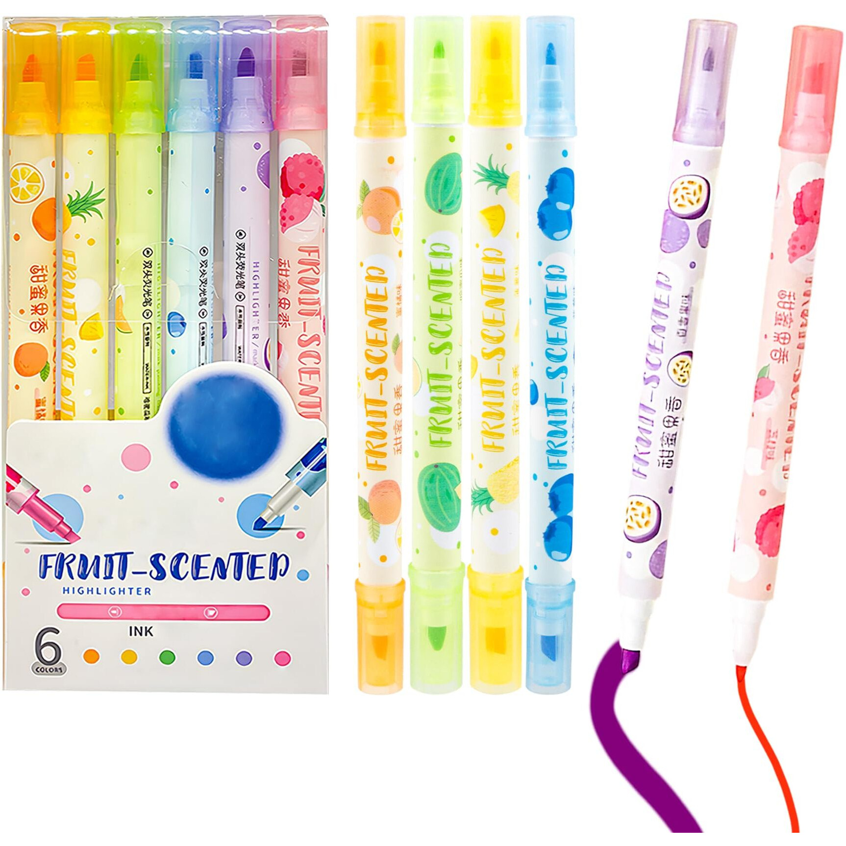 Wishkey Double Head Fruit Scented Marker Pens, Water-Based Non-Toxic Ink, Quick Drying Dual Tip Highlighter Pens For Multipurpose For Kids And Adults, 8+ Years (Pack Of 6, Multicolor)
